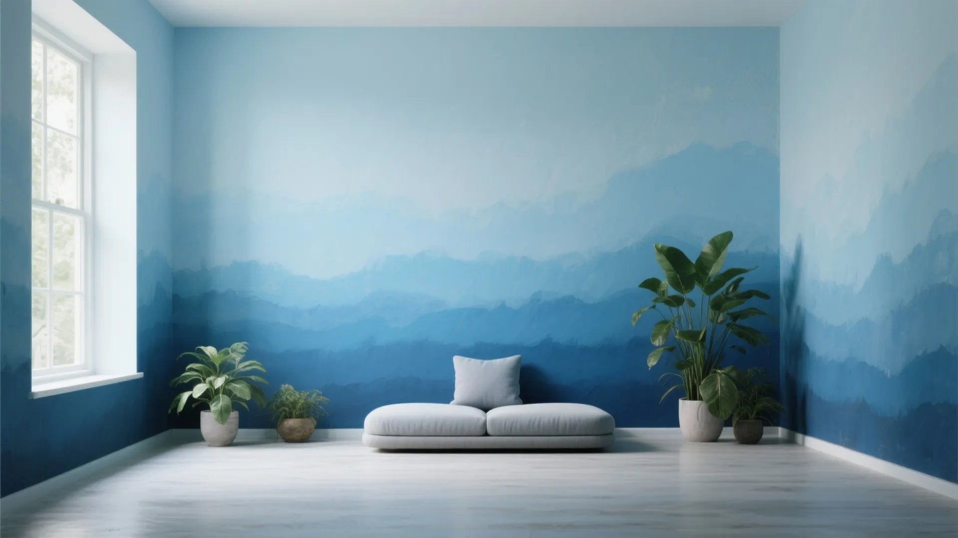Blue mountain mountain style wall paint in a minimalist room with sofa and green plants