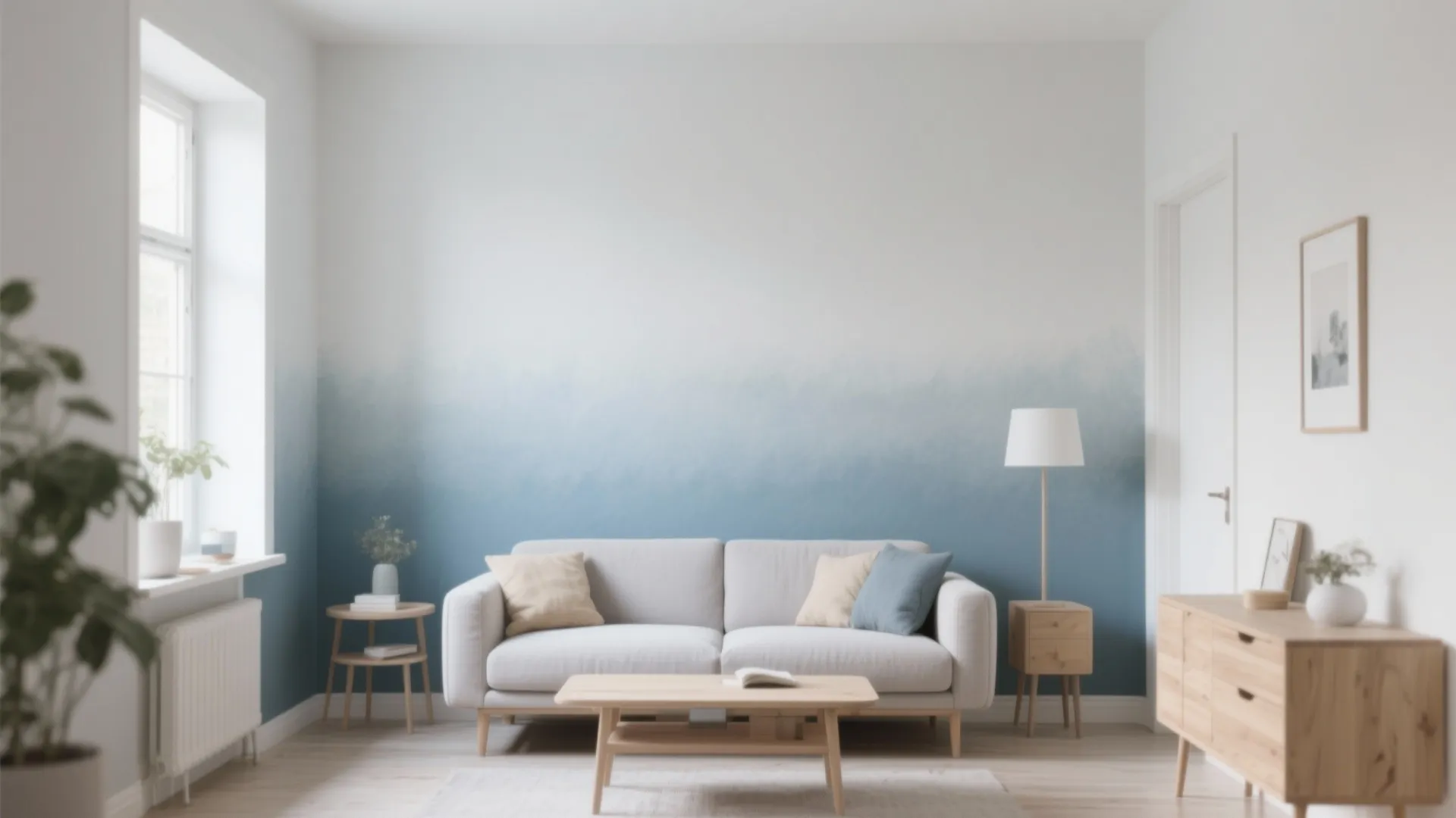 Modern living room with blue ombre wall paint white sofa wooden coffee table and natural light