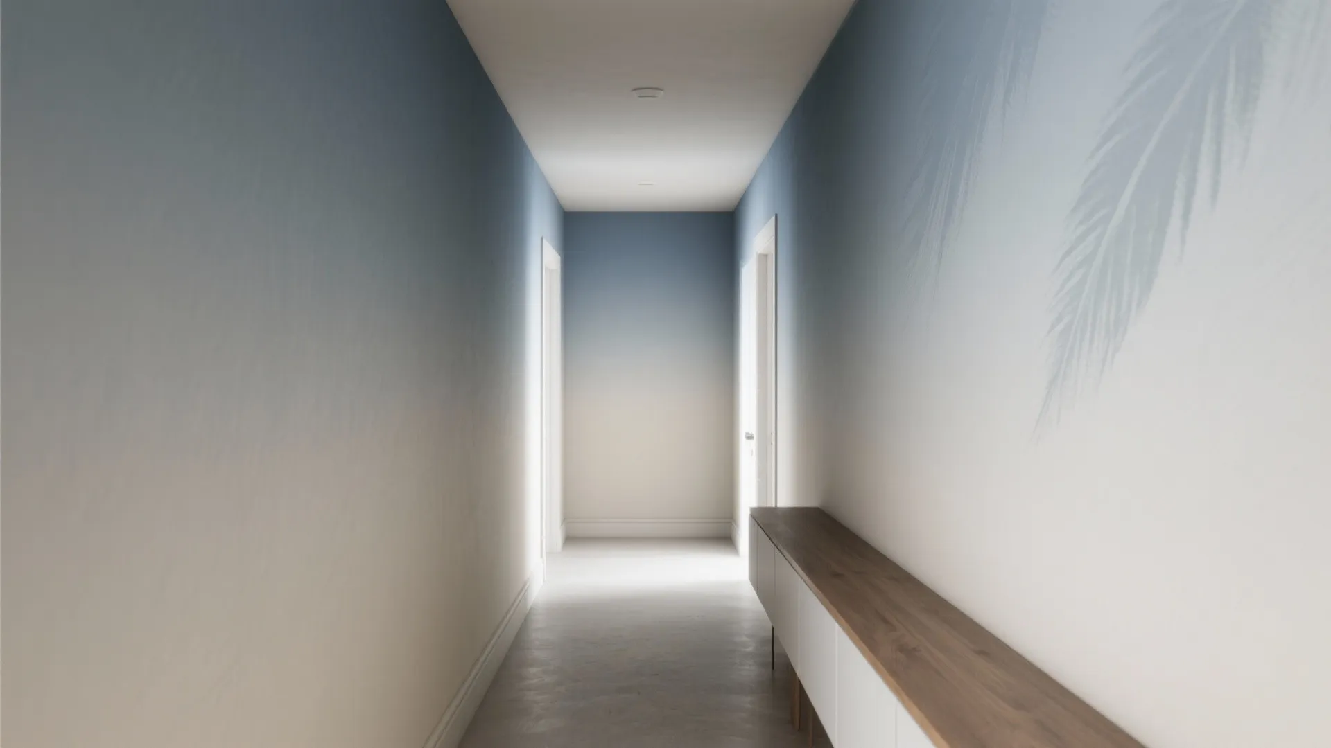 Modern hallway with blue and white gradient walls a wooden cabinet and palm leaf shadows