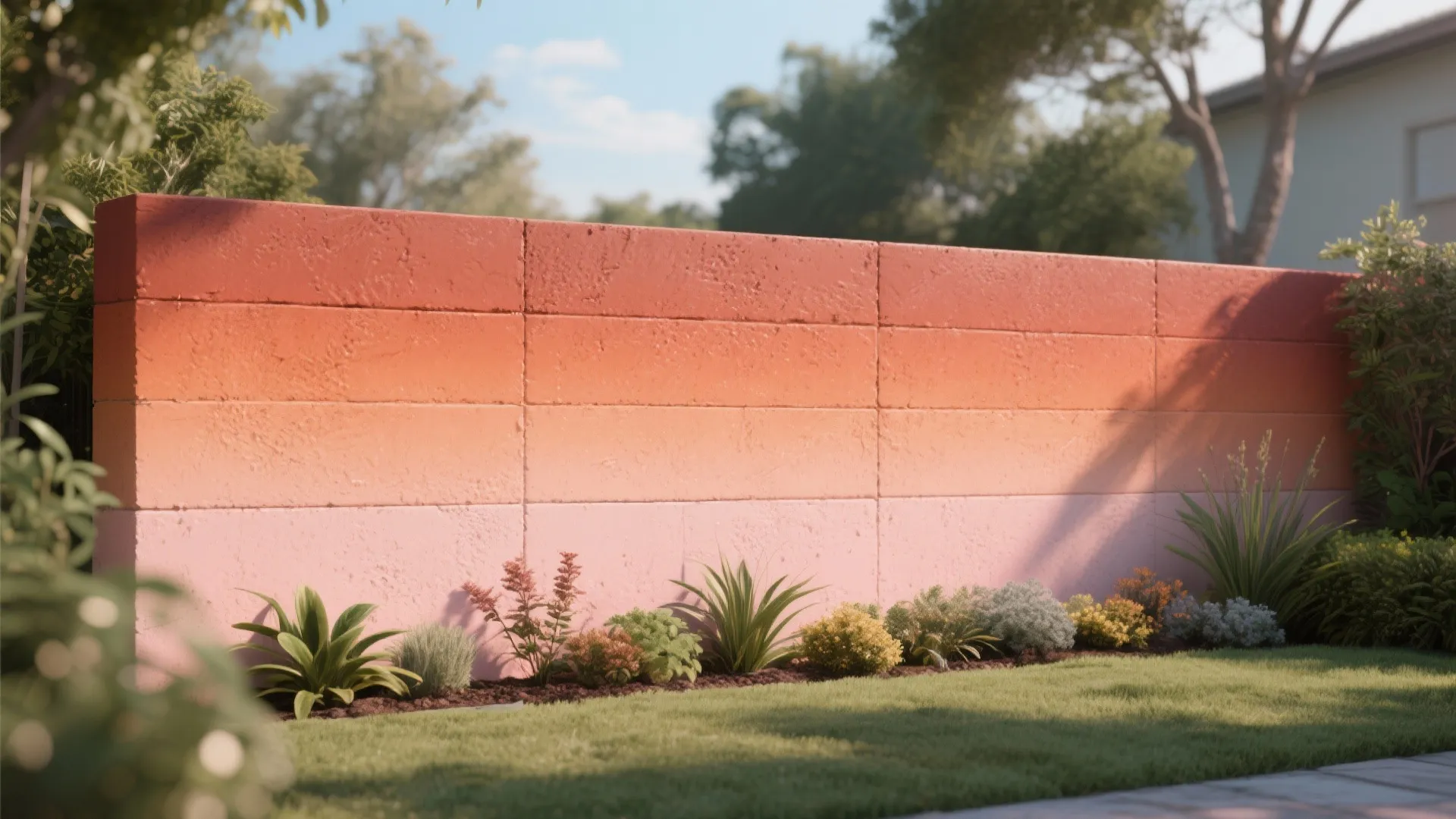 Modern garden wall featuring an orange and pink color gradient design with small green plants