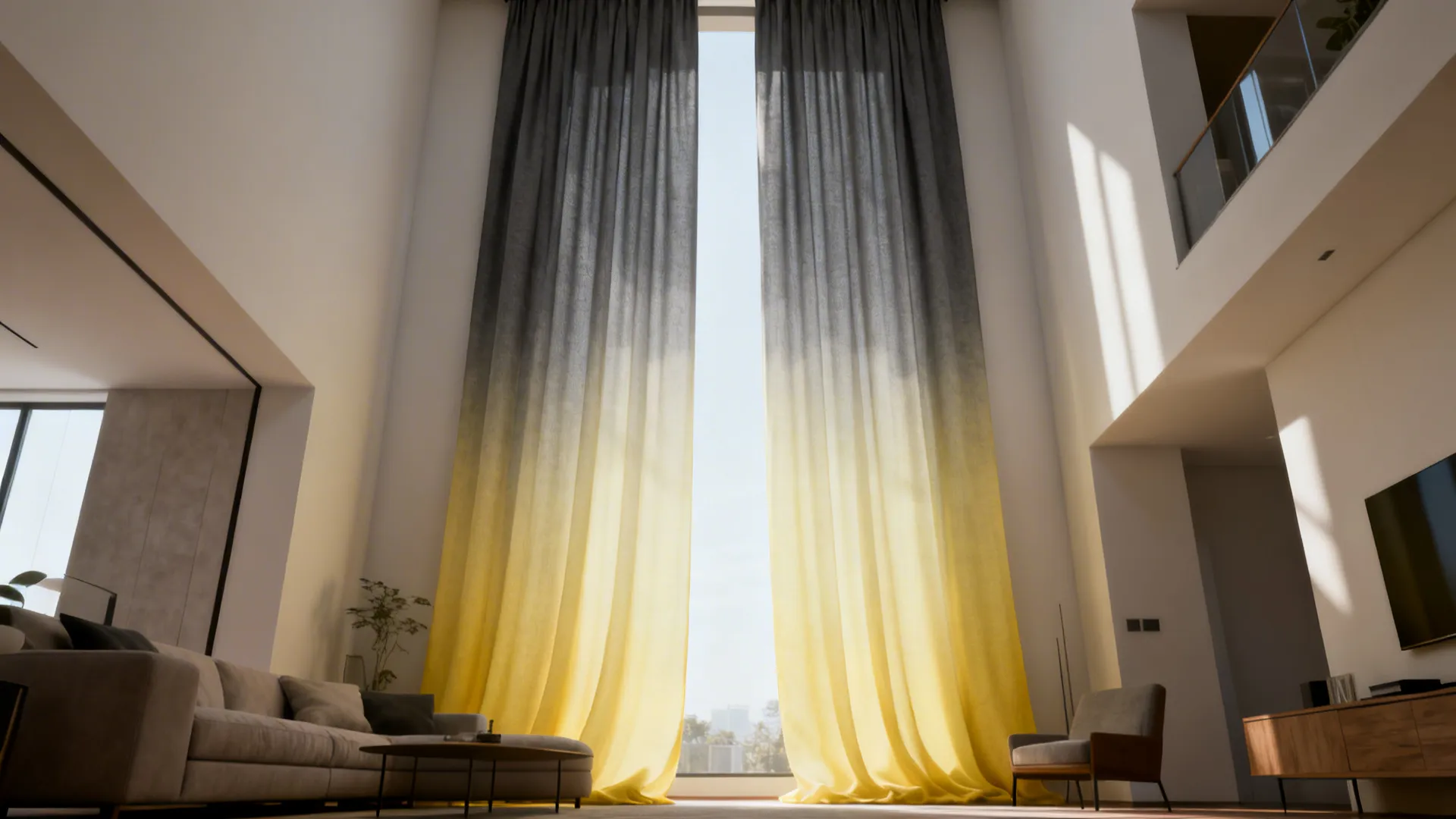 Tall ombre curtains fading from gray to yellow in a narrow apartment living room