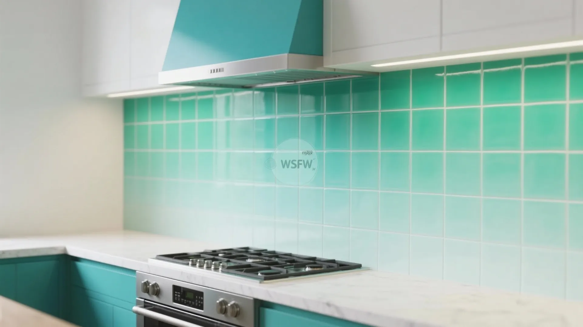 Modern kitchen featuring teal square wall tiles with white cabinets and a stainless steel stove