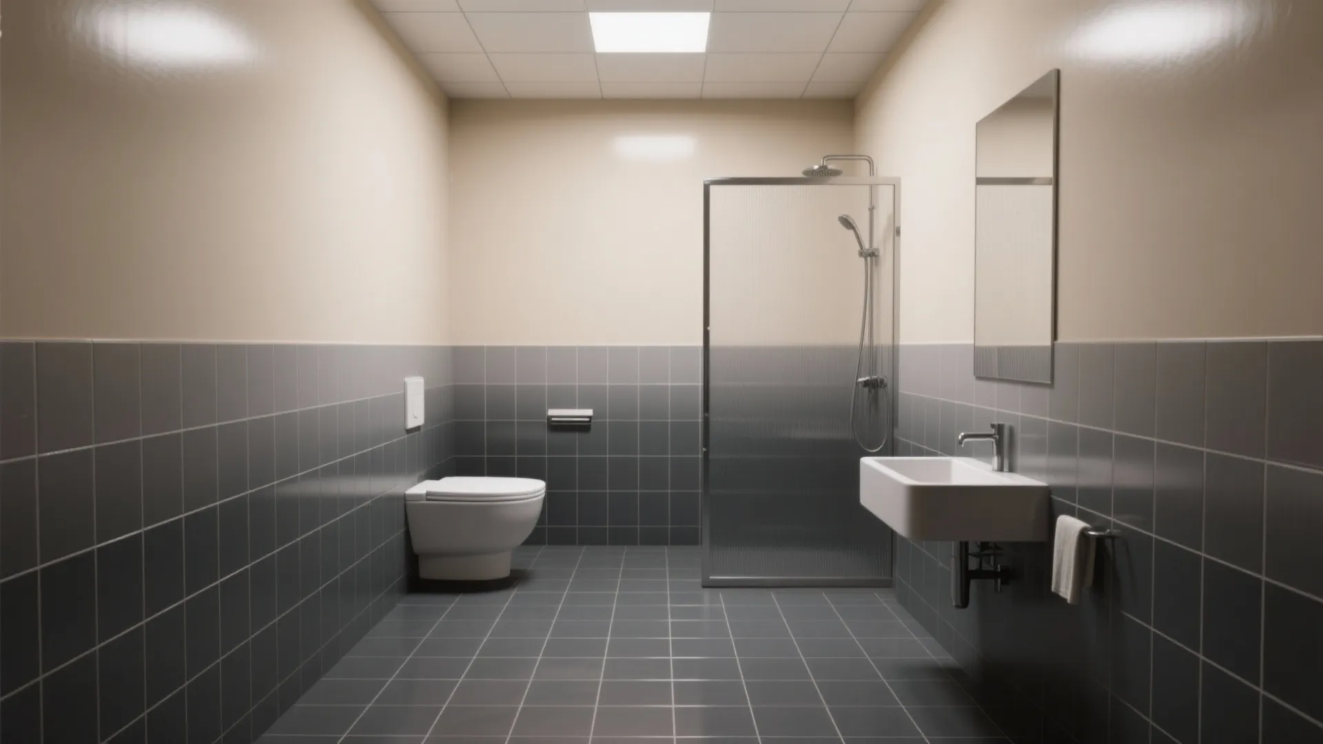 4. Ombre grey tiles transitioning into warm beige paint