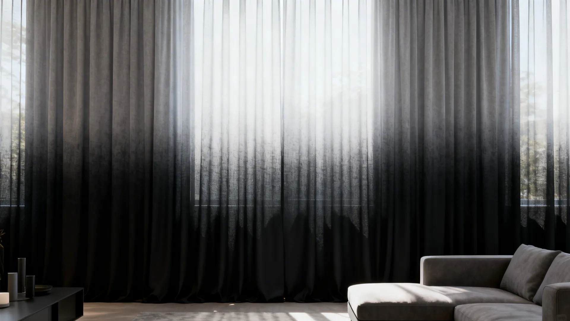 Modern living room with ombre curtains fading from white to black near a grey sofa