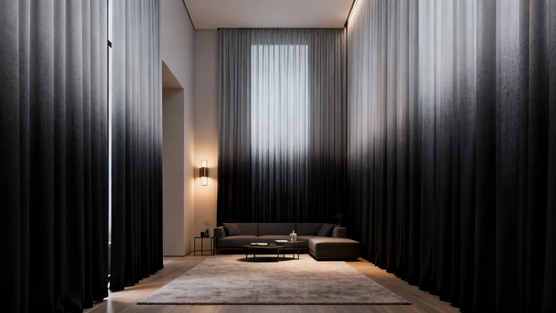 Modern living room with tall grey and black curtains a dark sofa and large rug
