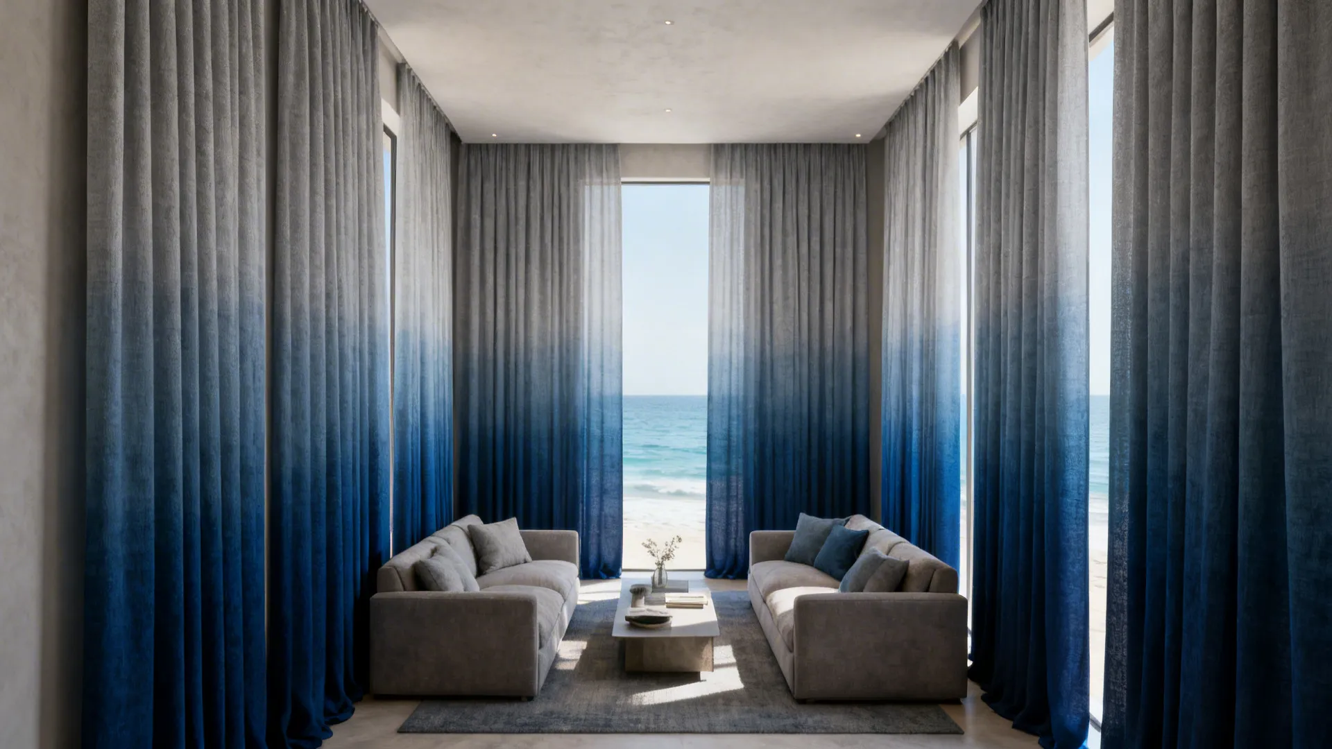 Narrow living room with ombre curtains fading from soft grey to deep blue, making the ceiling feel taller