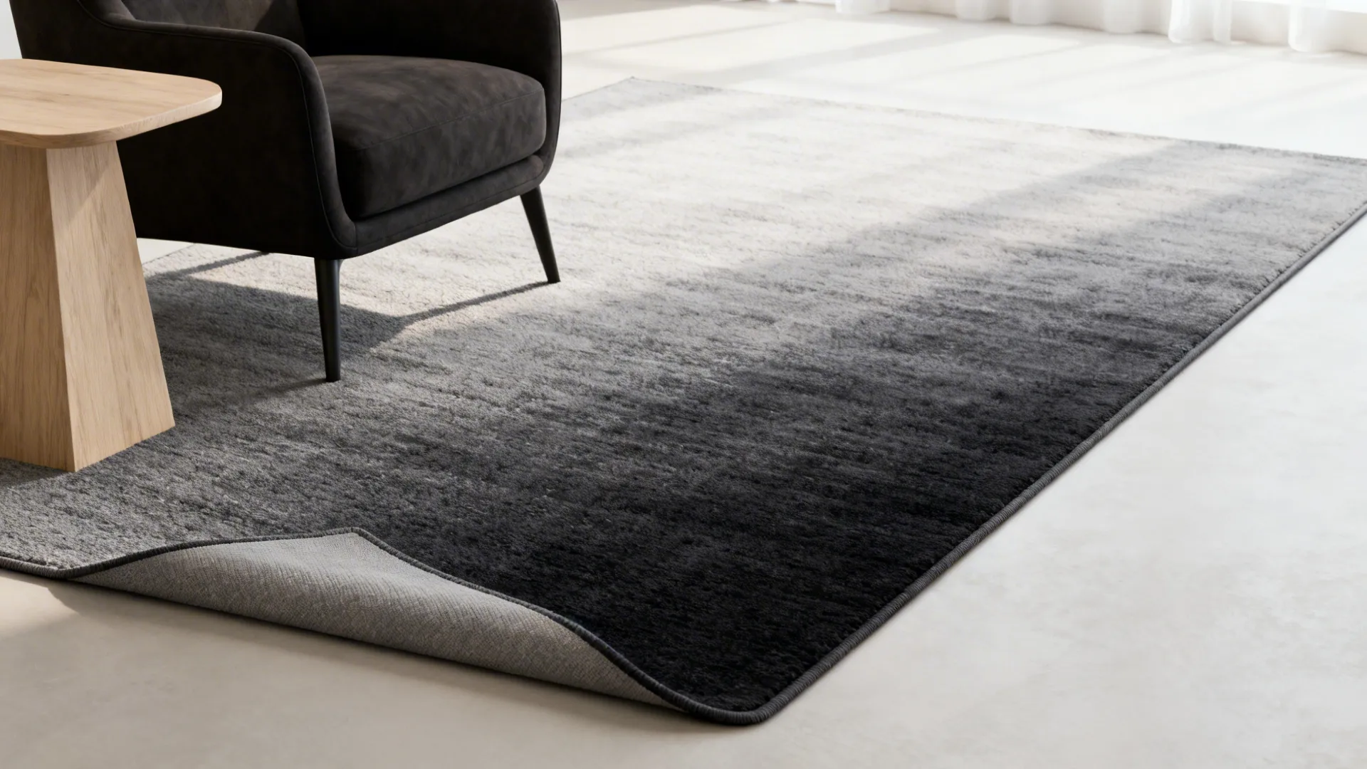 Living area with a low-contrast ombré rug blending soft grey to charcoal under seating.
