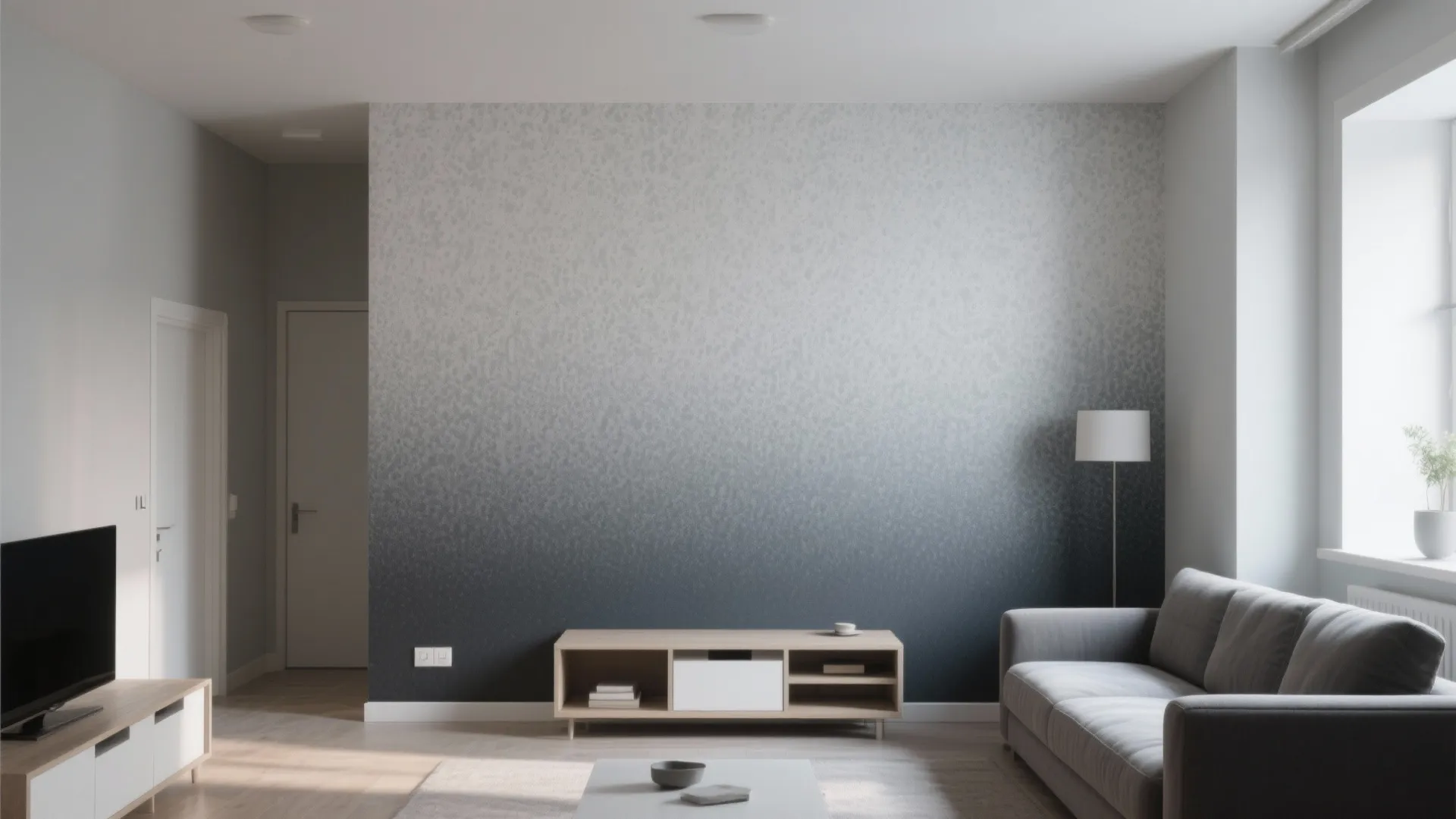 Minimalist living room with grey ombre wallpaper grey sofa wooden cabinet floor lamp and rug