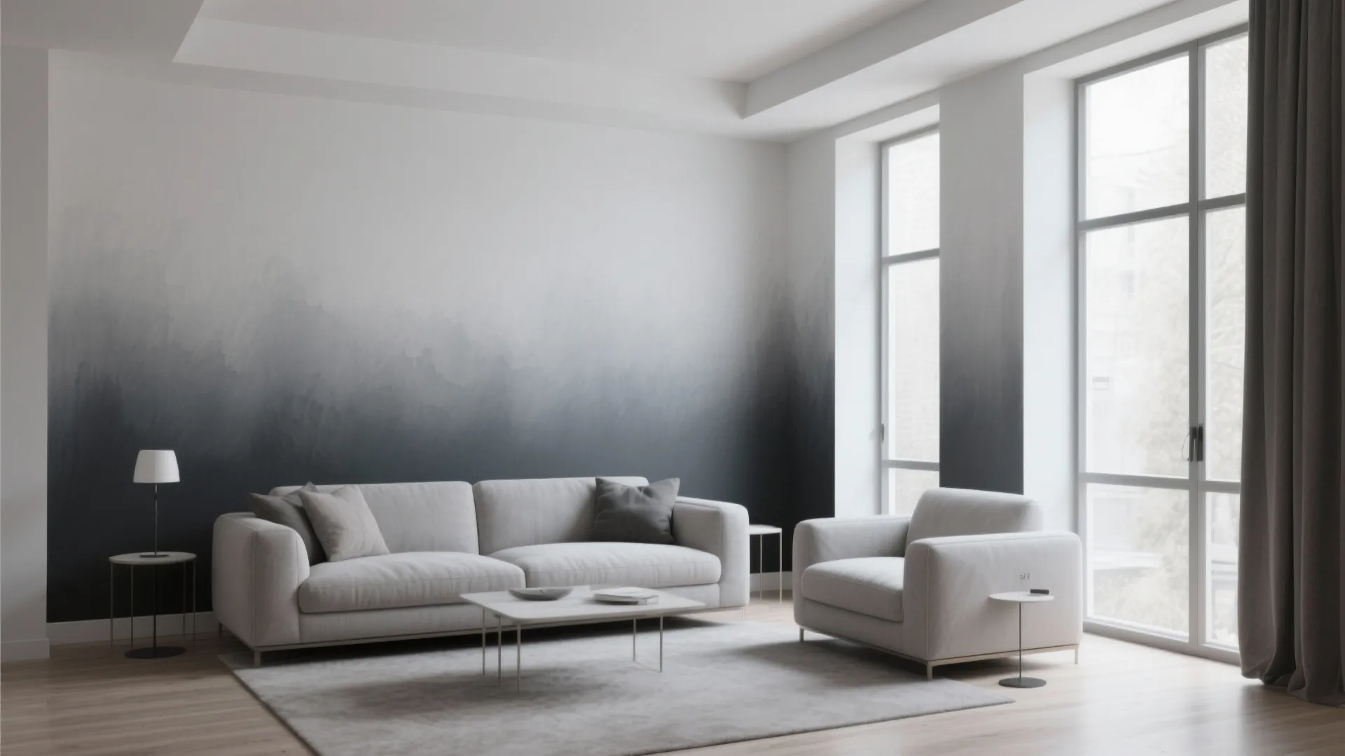 Modern living room featuring grey ombre wall panel with white sofa and large bright windows