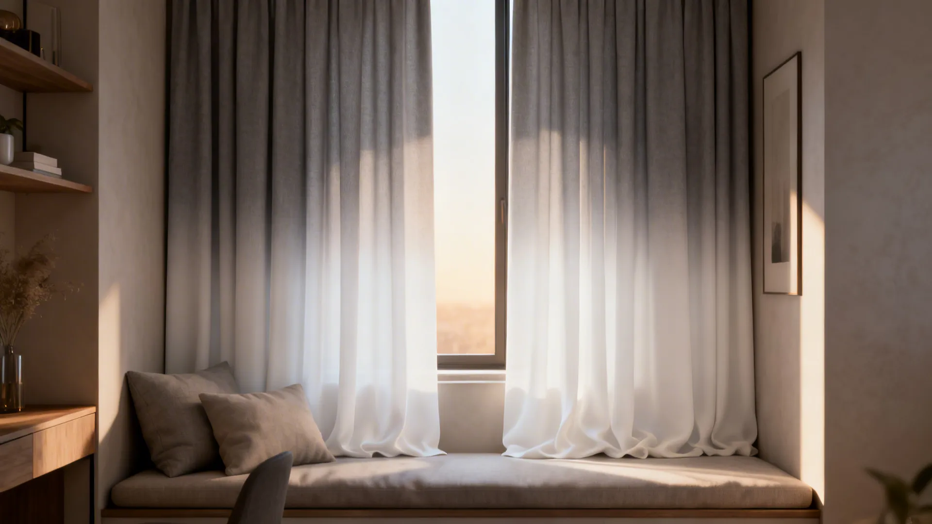 Compact apartment window with ombre curtains transitioning from grey to white, creating a cozy feel.