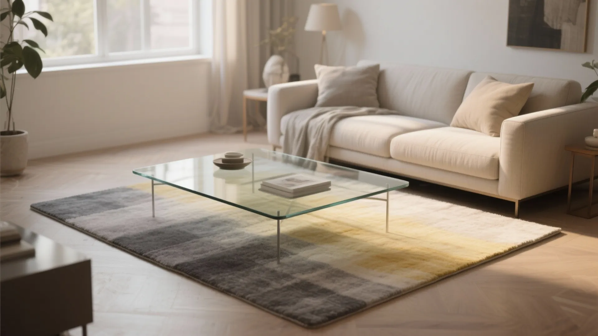 Living room showing an ombre rug fading from grey to pale yellow under a glass coffee table.