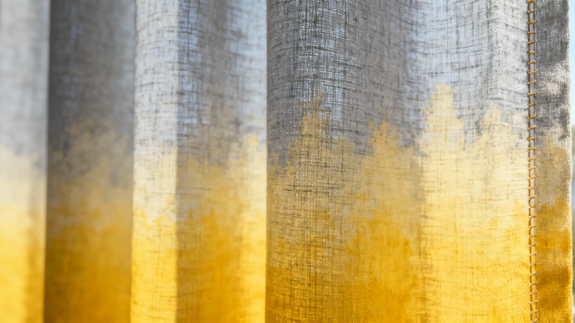 Close-up of a grey and yellow gradient fabric curtain showing soft textures and natural sunlight