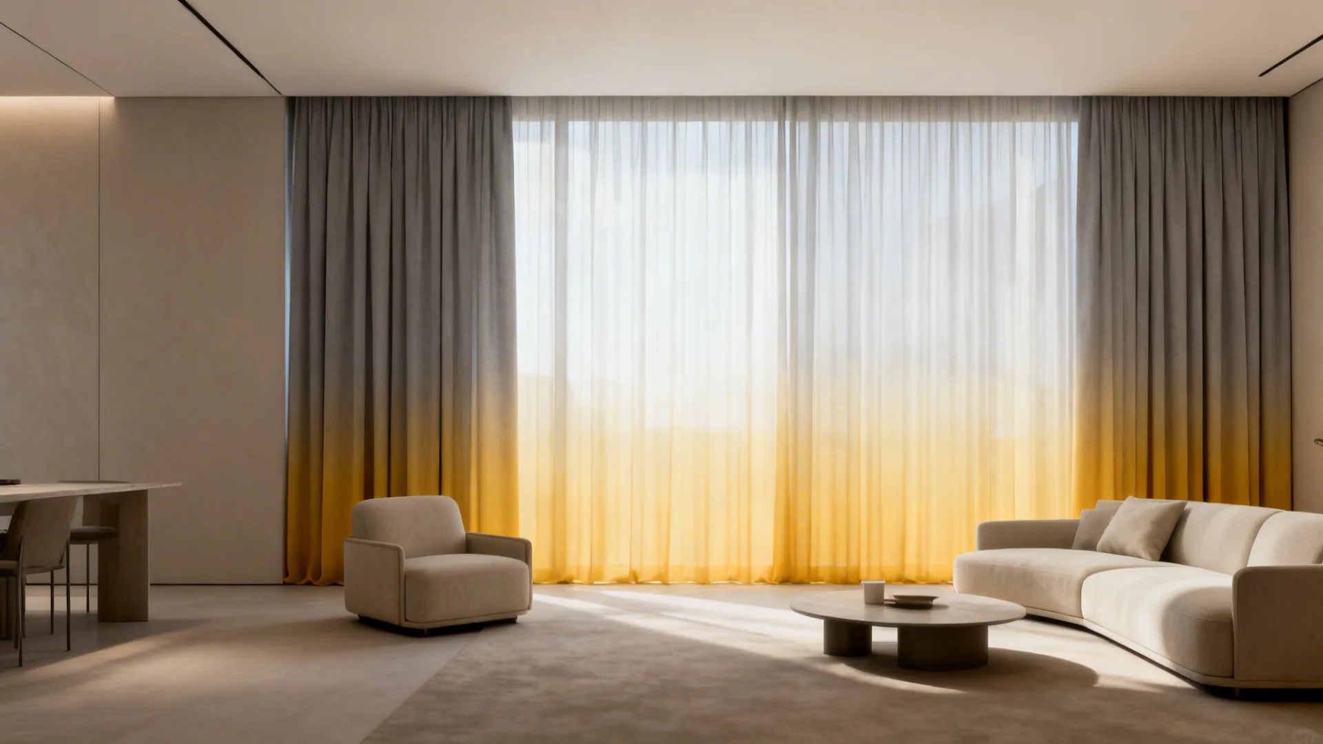Compact flat with ombre curtains transitioning from dove grey to warm yellow creating a taller feel.