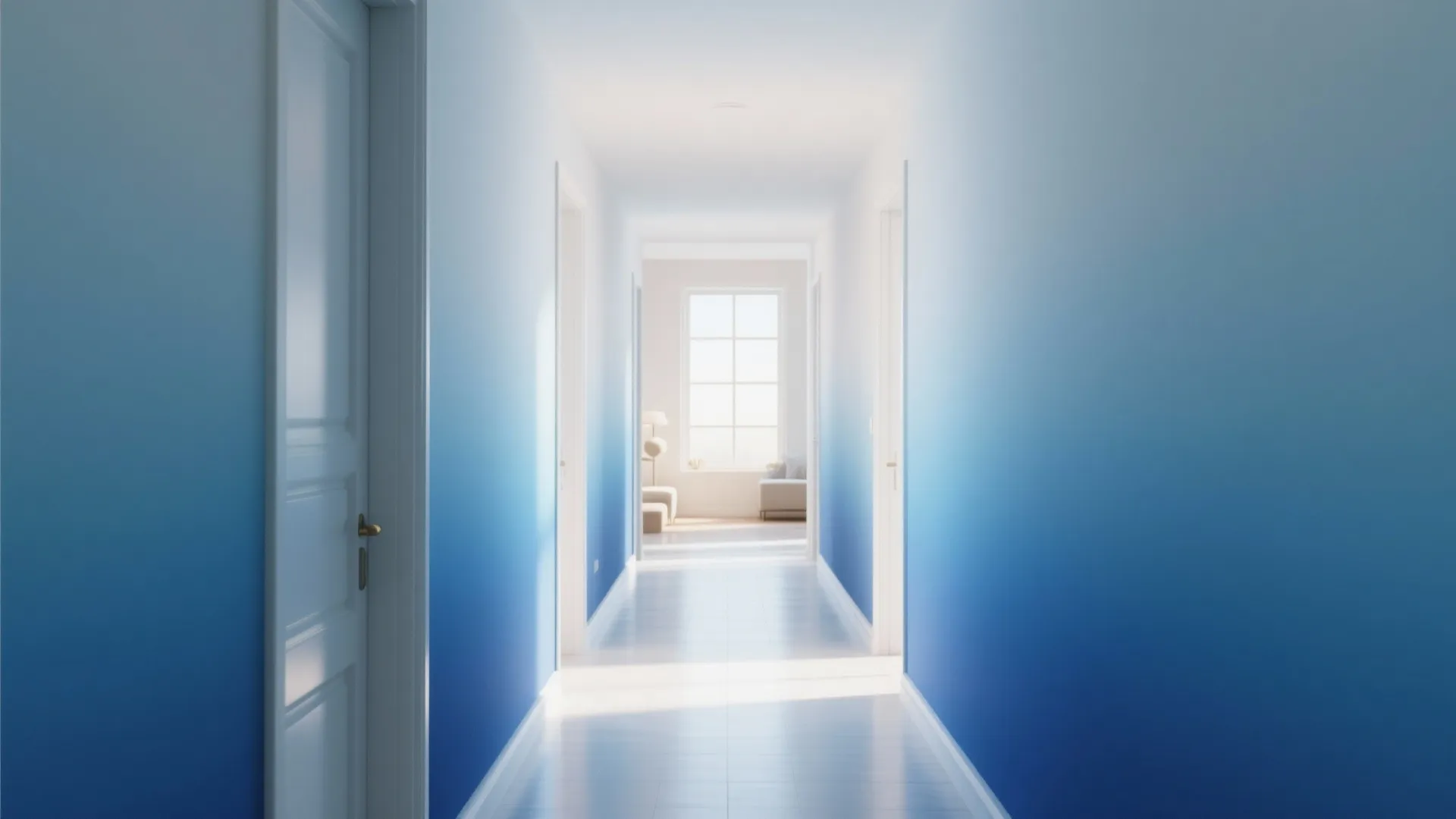 Minimalist hallway with blue ombre wall paint leading to a bright room with a window