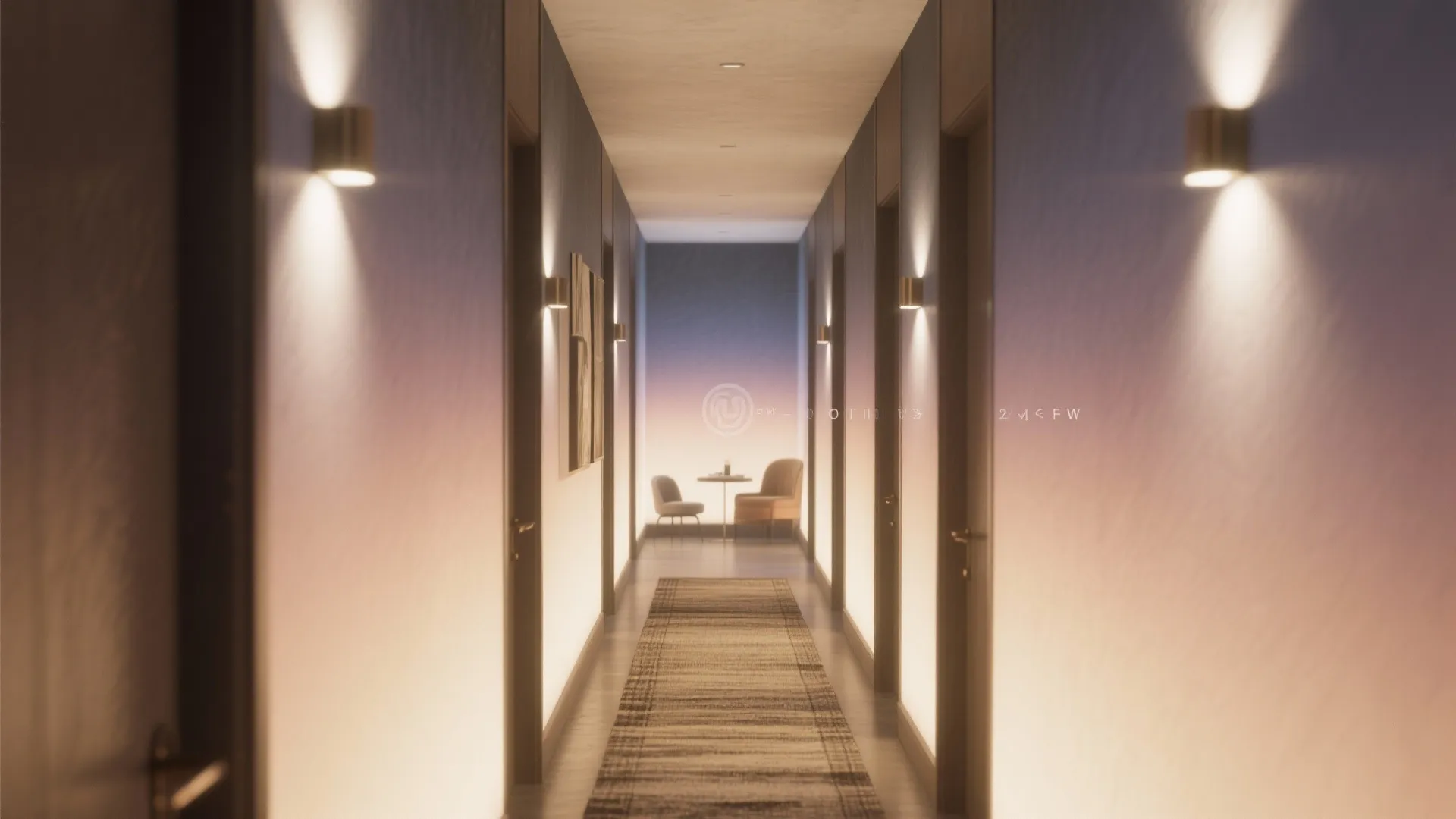 Modern long hallway with wall light fixtures purple ombre walls and a grey floor rug