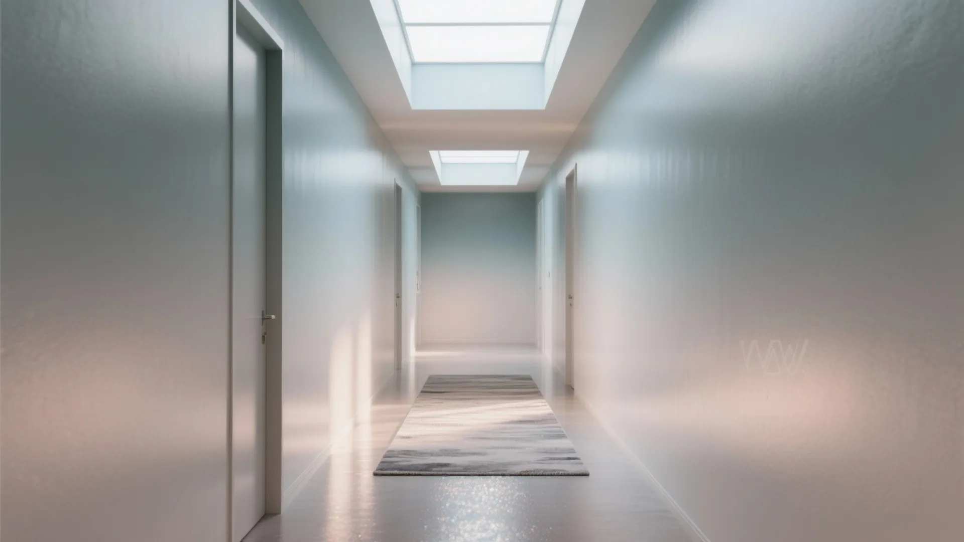 Long modern hallway with light blue walls grey rug white doors and two roof windows