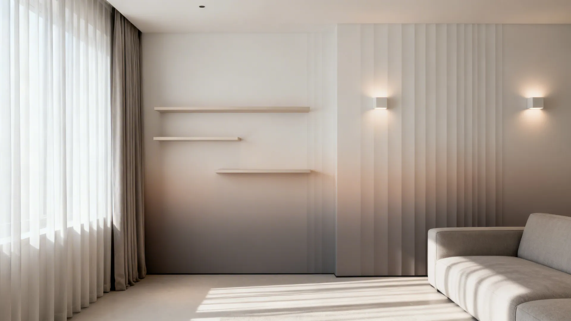 Modern living room featuring ombre wall panel floating shelves two wall lights and grey sofa