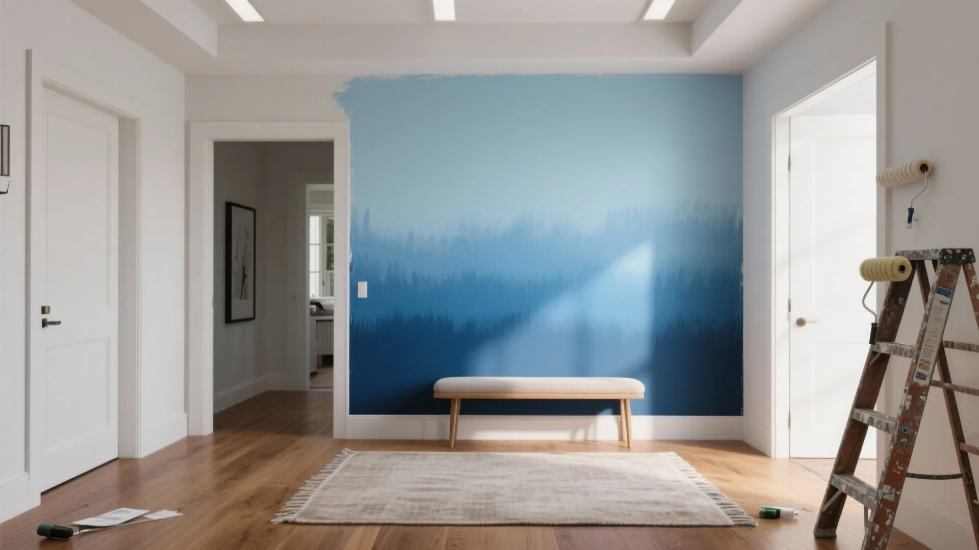 Living room featuring a blue gradient wall, white doors, wooden floor, small bench, and ladder