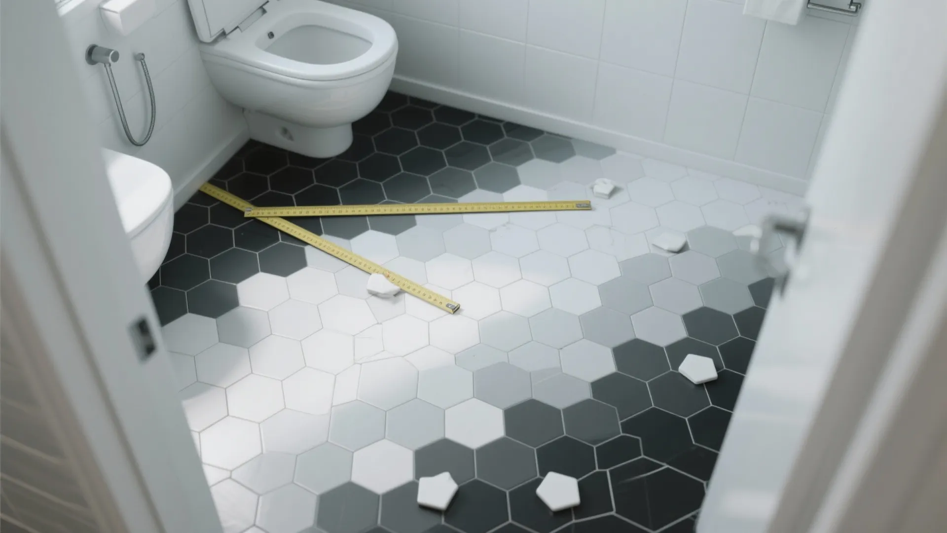 Top-down view of a hexagon tile floor transitioning from white to black in an ombre layout.