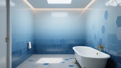 Serene Blue Bathroom with Hexagonal Tiles and Clawfoot Tub