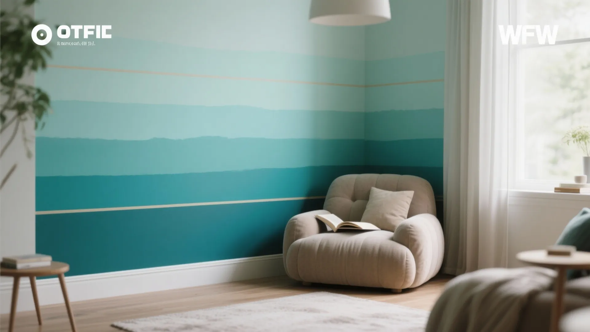 Corner of a room showing horizontal blue ombre wall paint with a cozy beige sofa