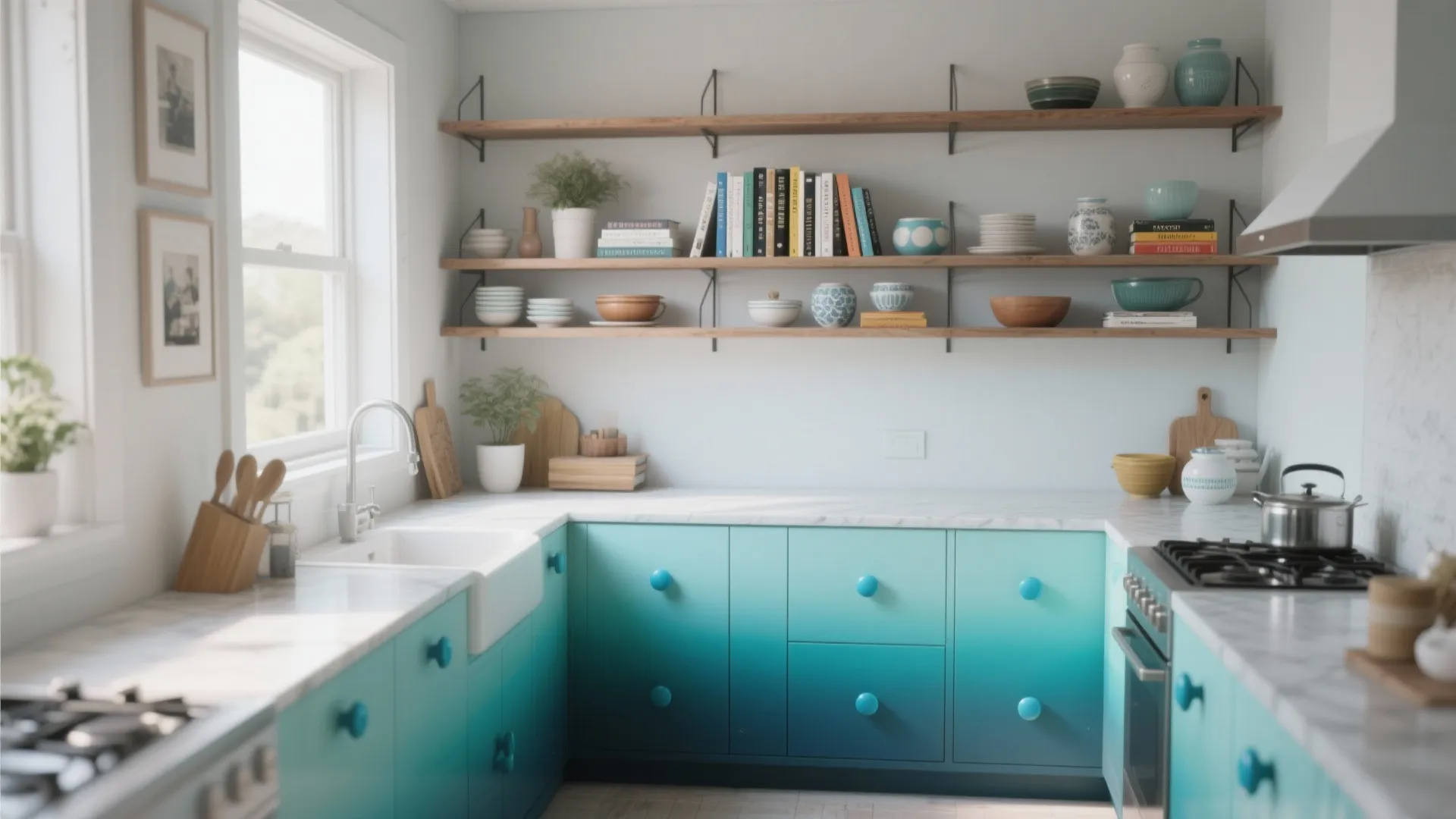Modern kitchen with blue gradient cabinets marble countertops wooden open shelves and white tiled walls