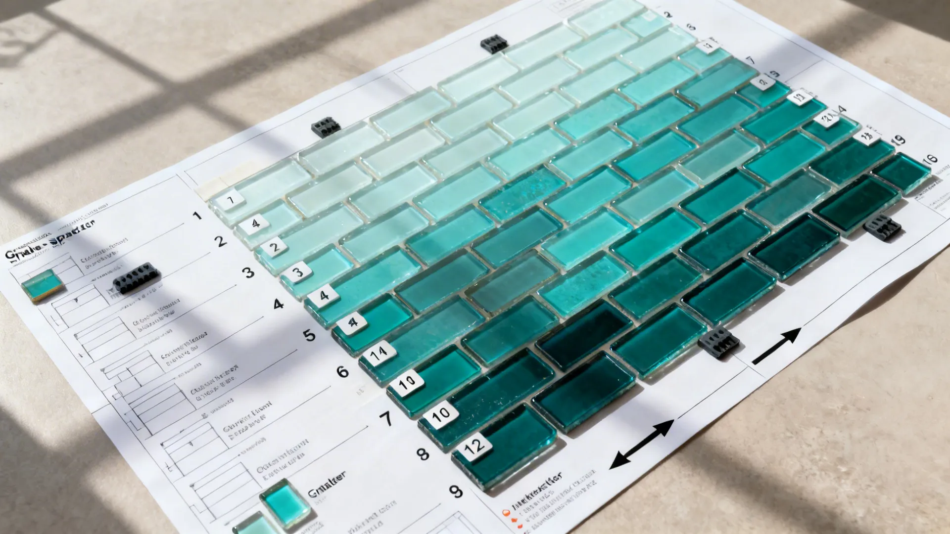 Top-down layout plan of ombre glass mosaic sheets arranged from dark to light.