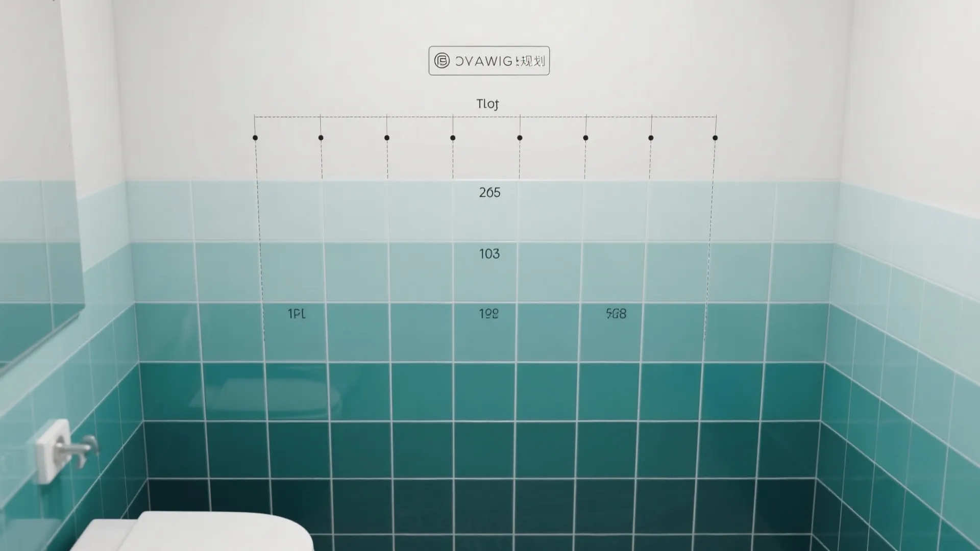 Wall with blue square tiles showing a dark to light color change and technical measurements