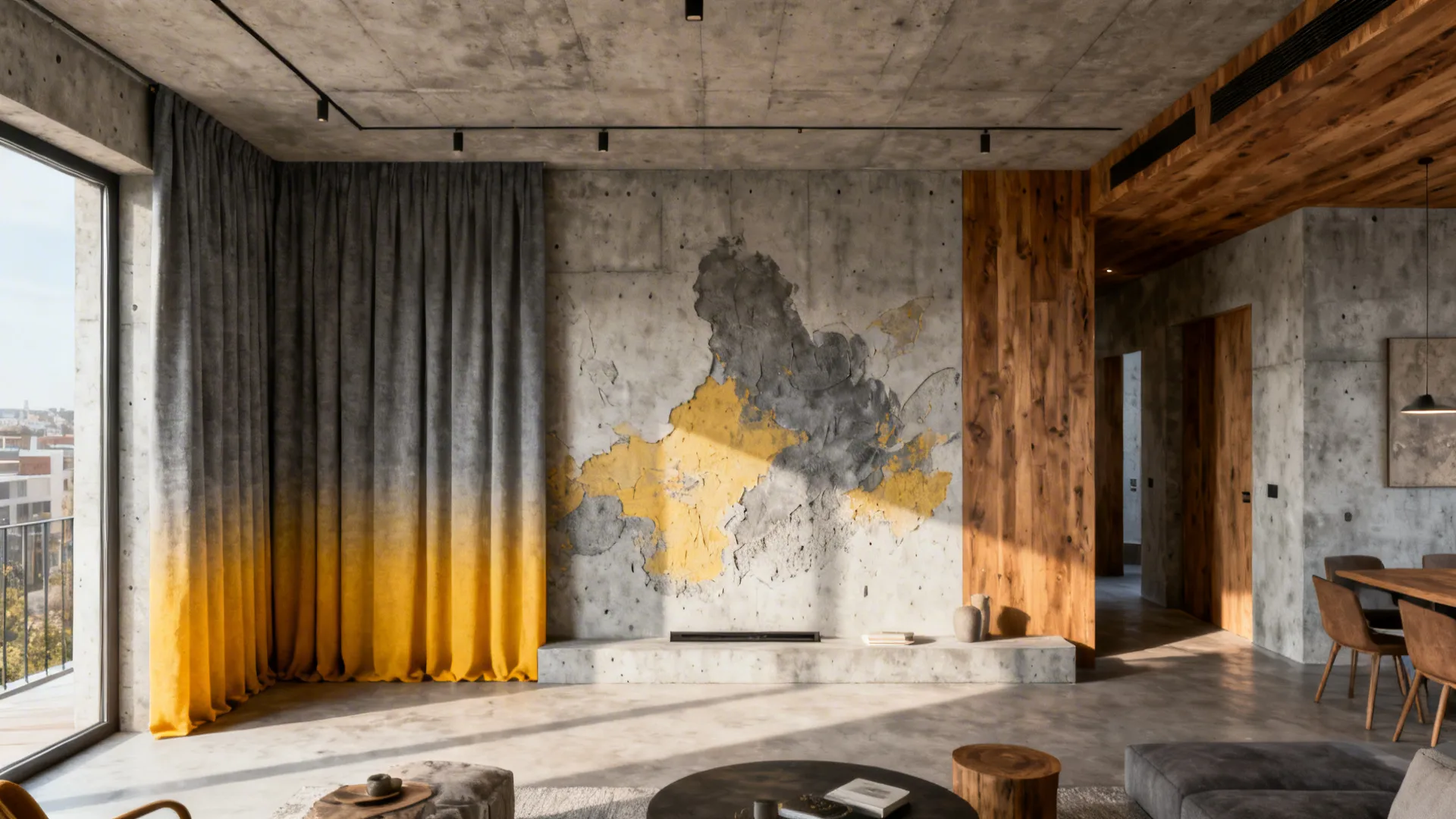 Loft with ombre curtains fading from gray to yellow against an exposed concrete wall and wood accents.