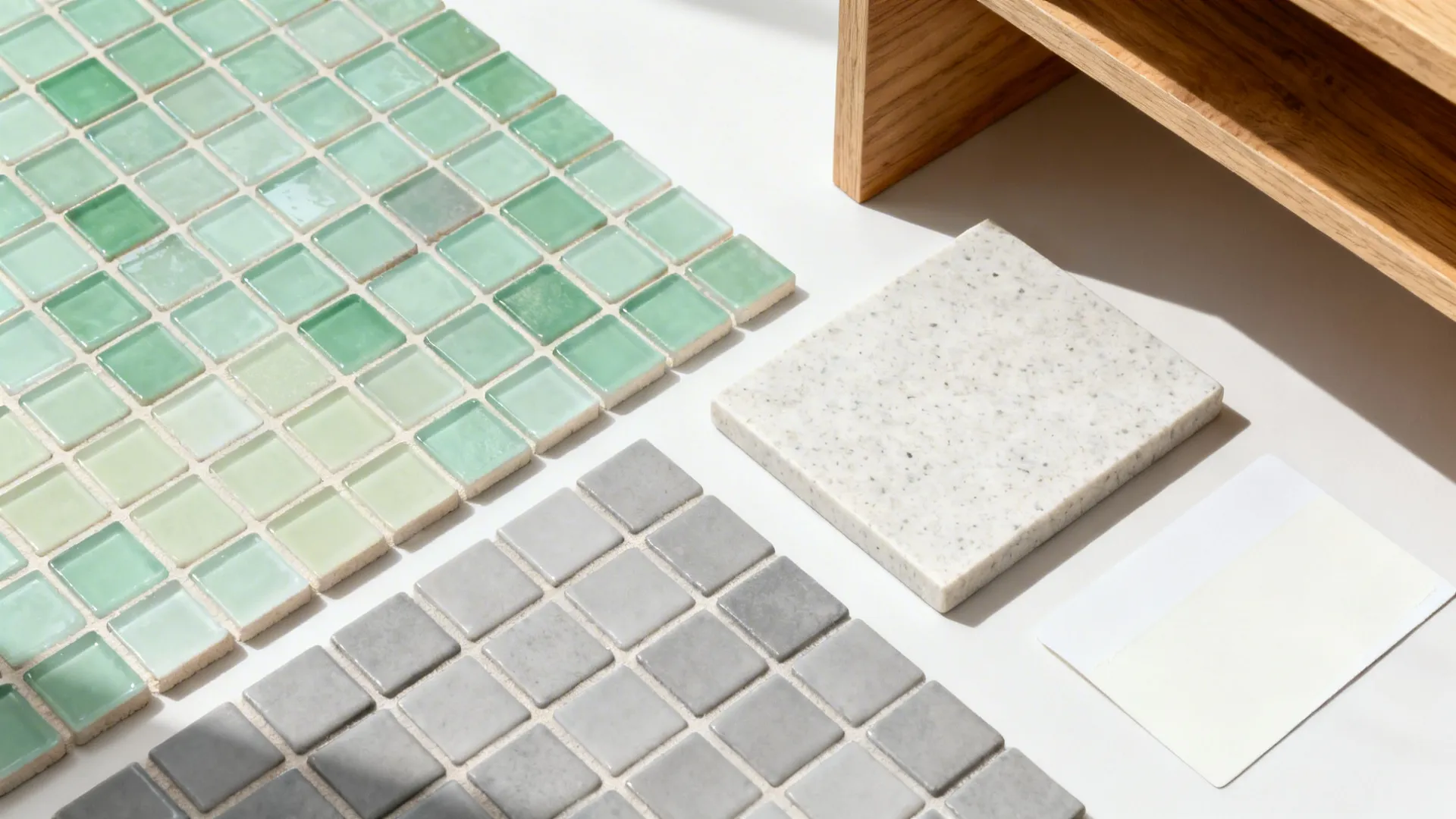 Flat lay of ombre glass mosaic tiles with grout, quartz, oak, and paint swatches.