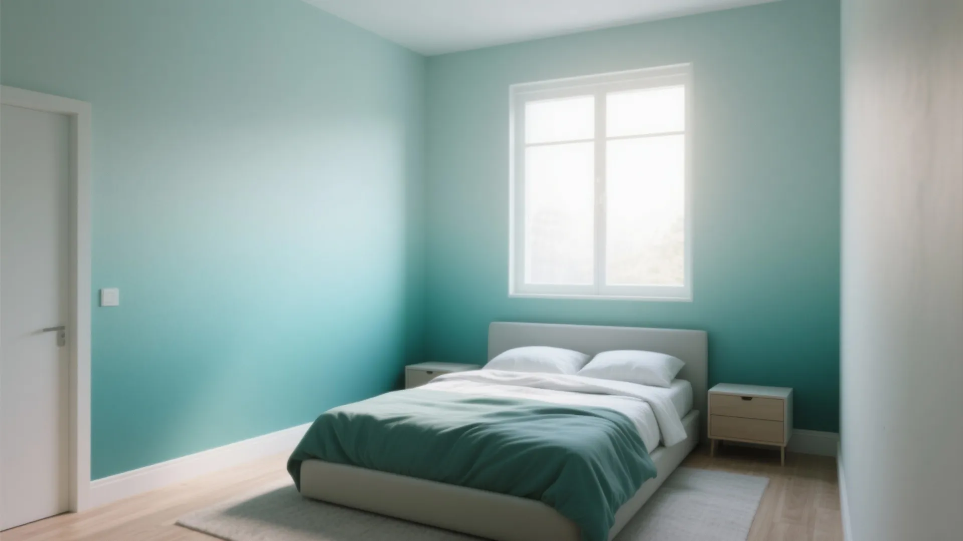 Modern bedroom with mint green ombre walls white bed wooden floor and a large window