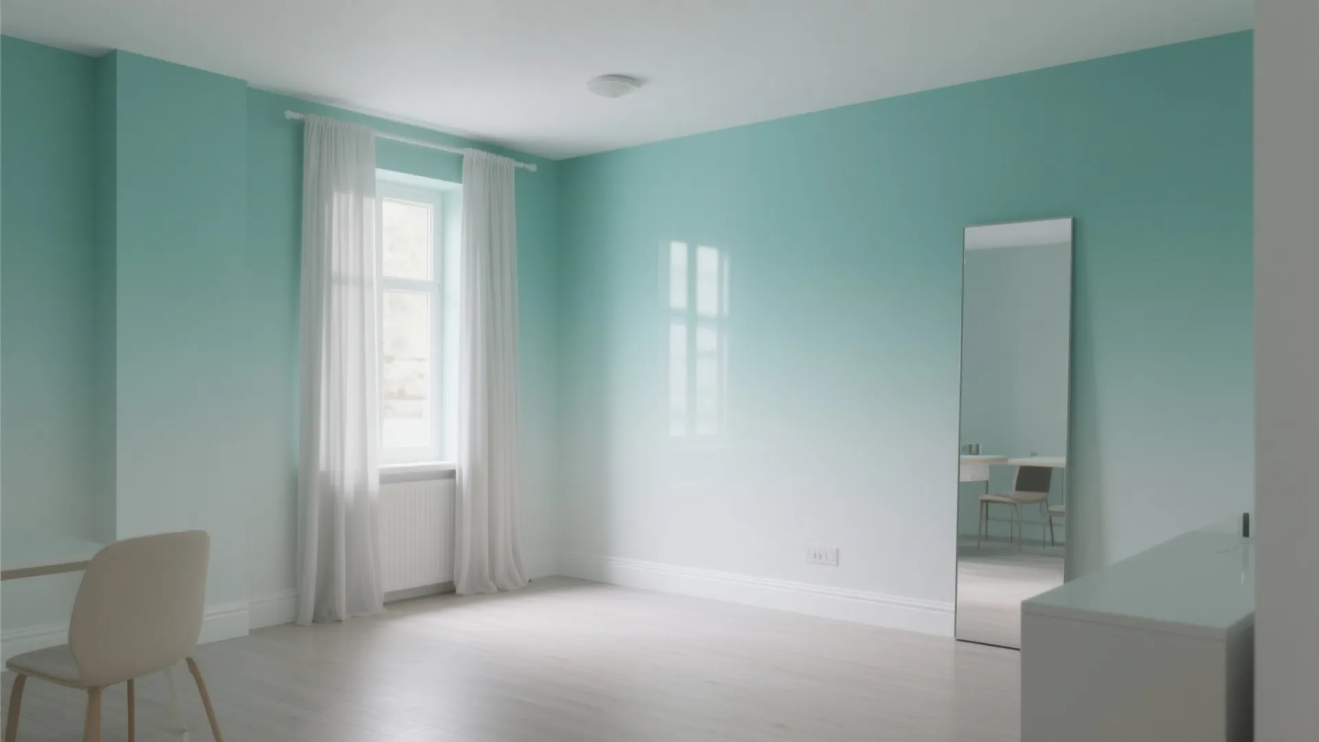 Empty room with light green ombre walls white curtains a mirror and light wood floor