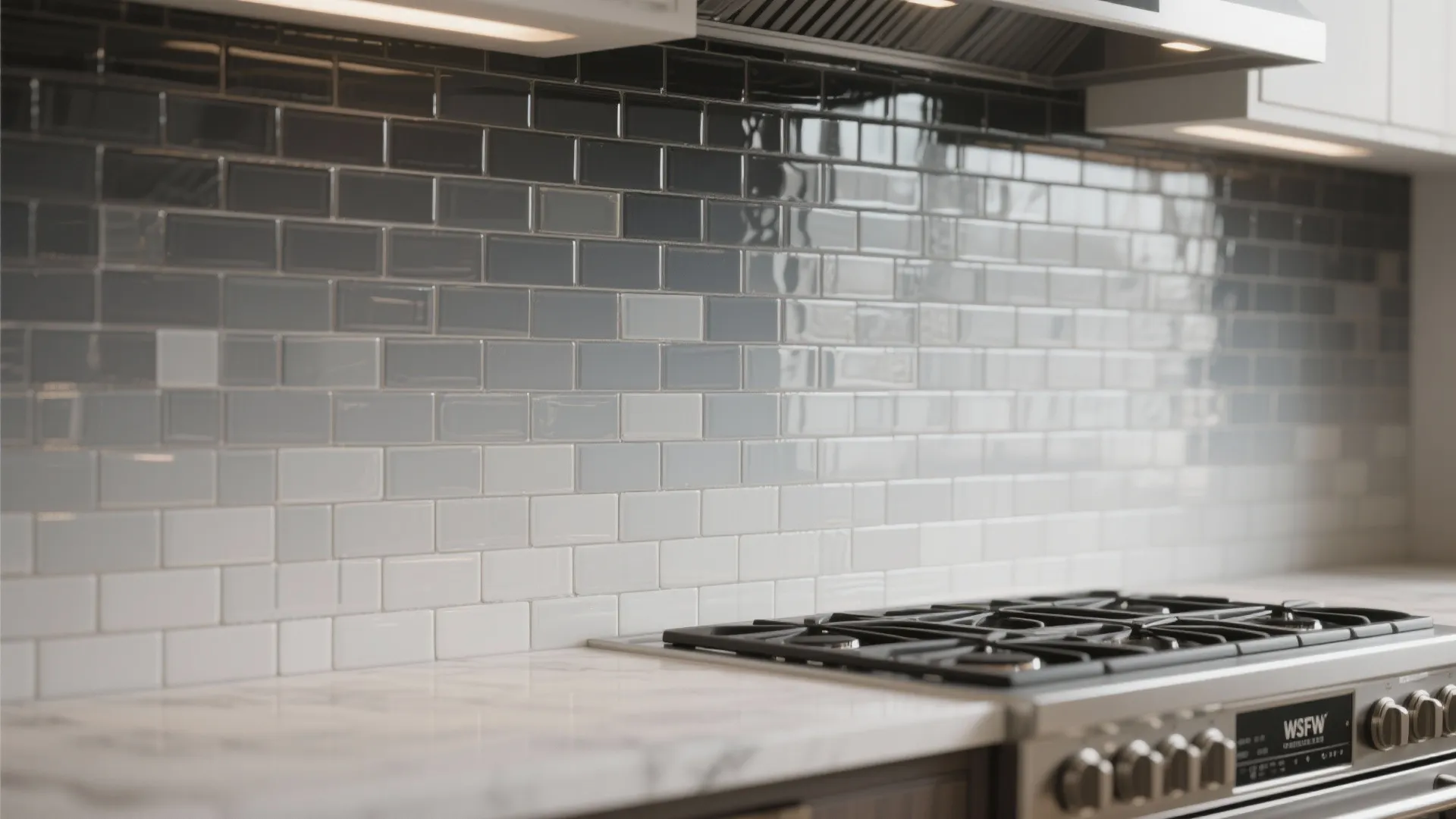 Subtle ombré gray mosaic backsplash behind a stove, showing gradient and texture.