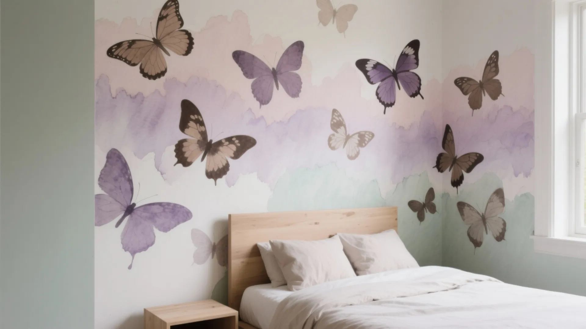 Watercolor ombre butterfly mural from blush to dusty lavender in a calm small bedroom.