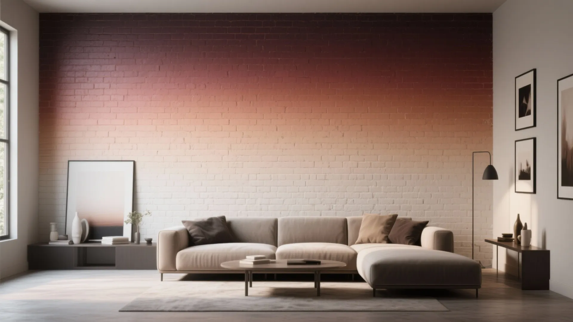 Modern living room with ombre brick wall, beige sofa, round coffee table, and wall light