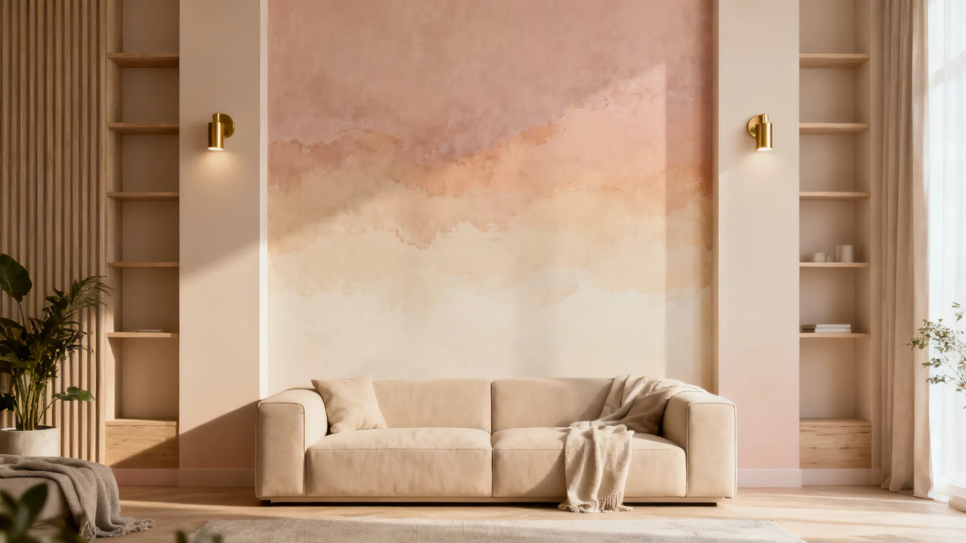 Living room with pink and orange wall paint behind a beige sofa and wall lights