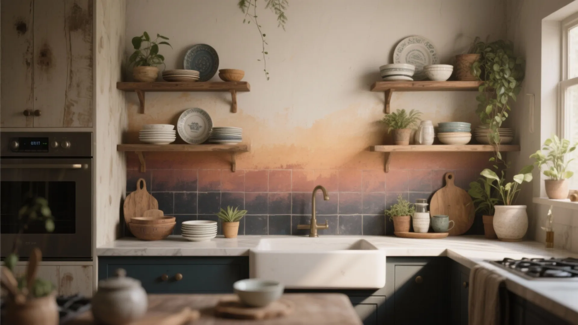 Open kitchen shelves with an ombre wash painted backsplash from dark to light