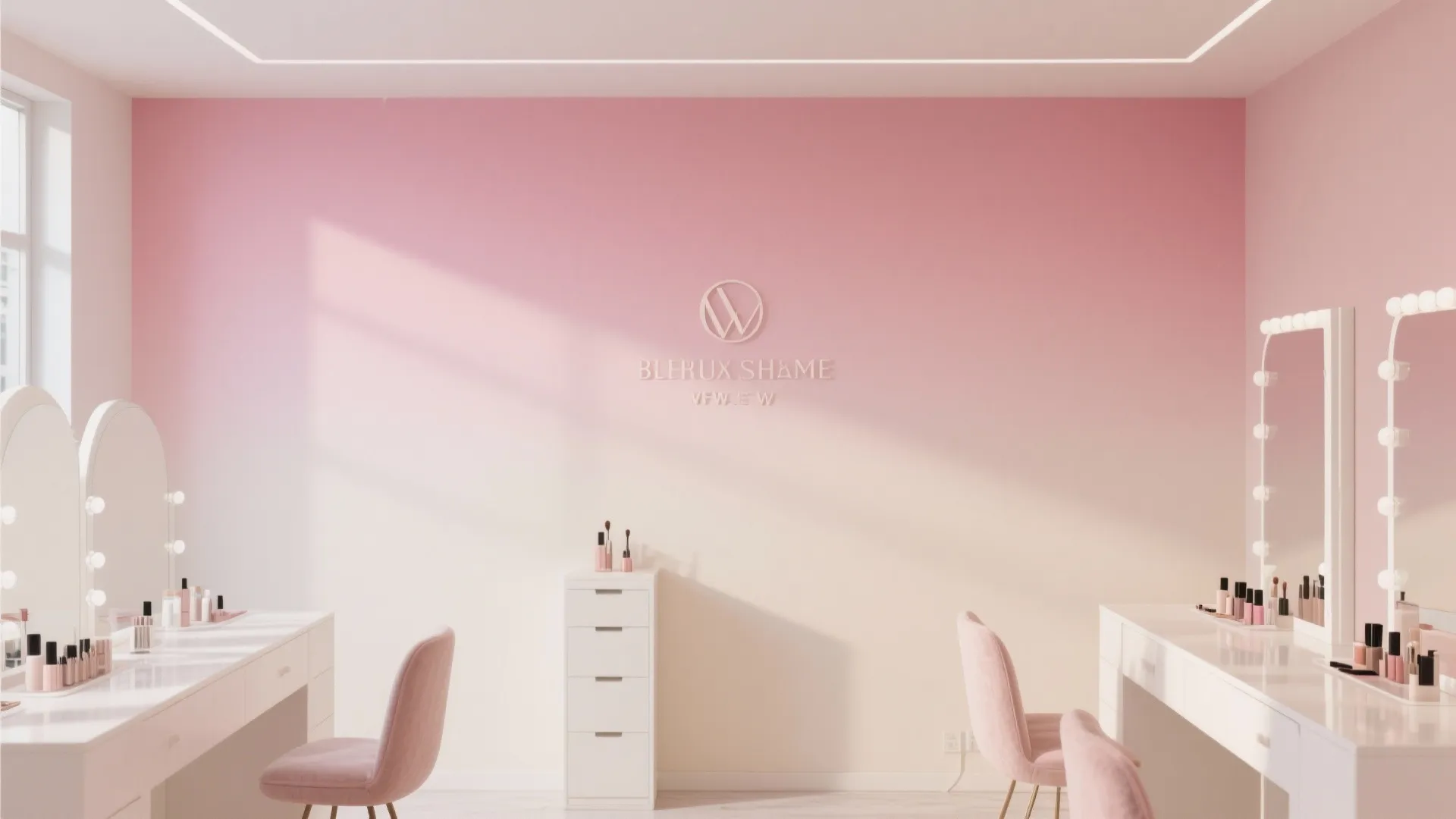 Pink gradient wall in a makeup studio with white vanity tables pink chairs and mirrors