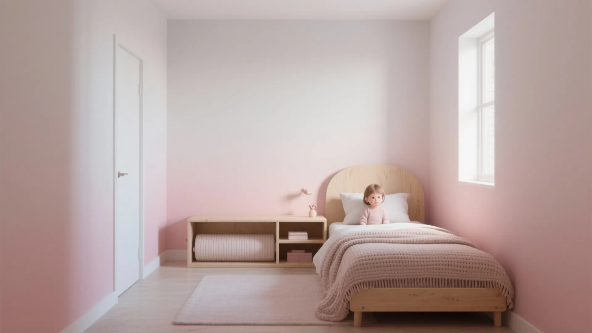 Small bedroom showing a soft ombre wall from blush at the floor to near-white at the ceiling, lifting the room visually.