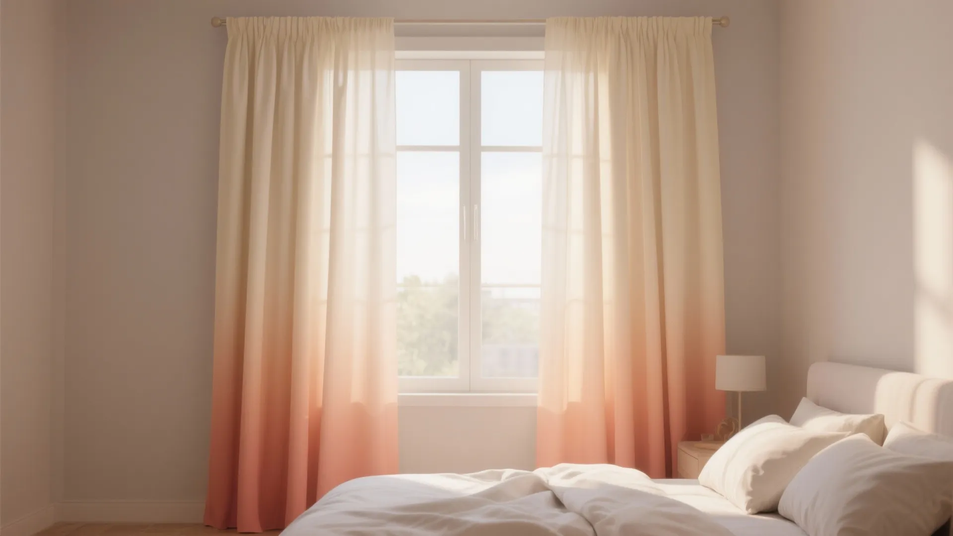 Bright window with orange ombre curtains, white bed, side table, lamp, and soft natural sunlight