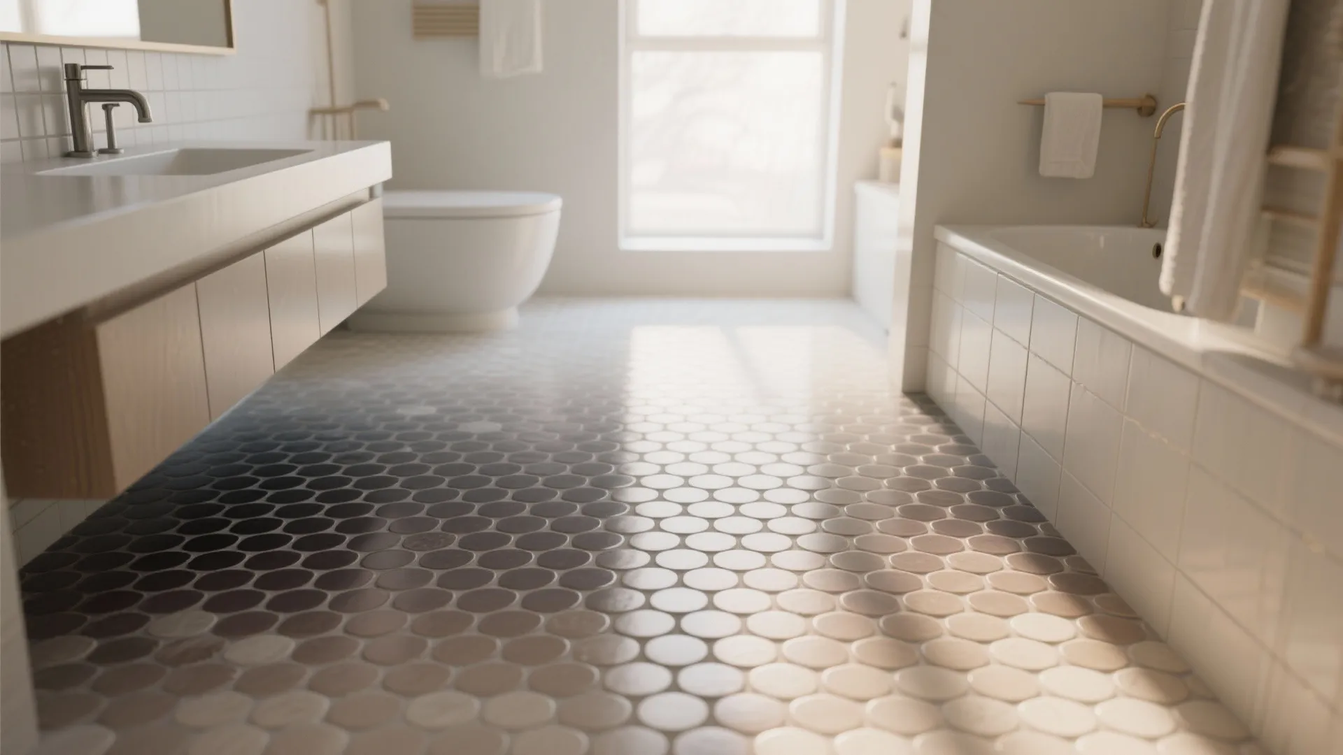 Modern bathroom featuring round tile flooring with brown and beige color transition near white bathtub