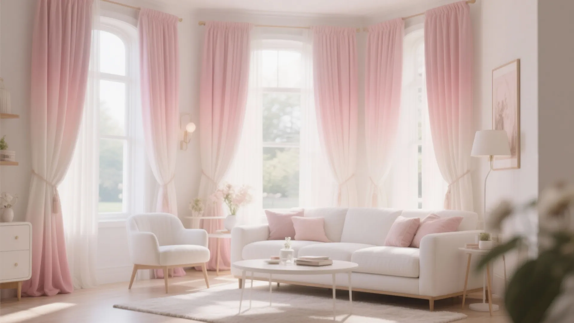 White to blush pink ombre pleated drapes in a bright living room