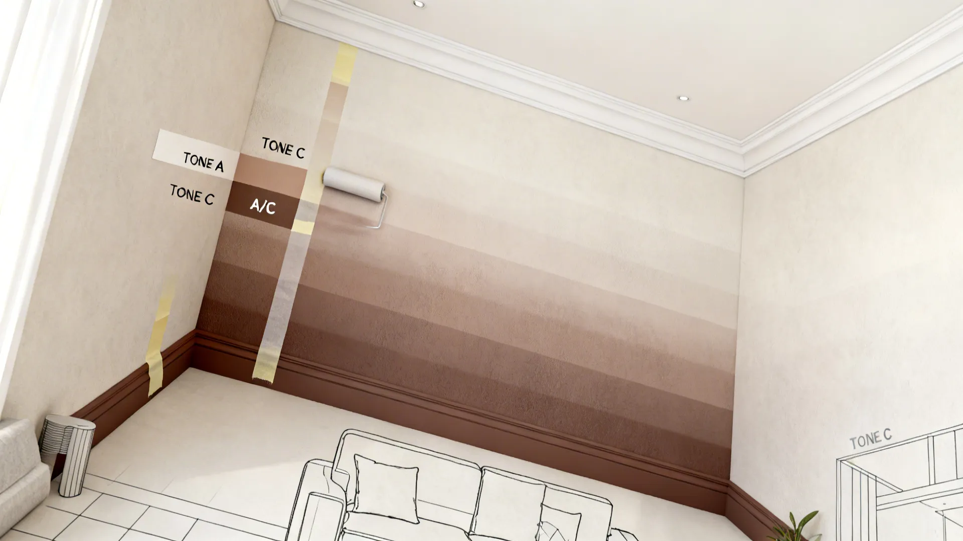 Top-down plan showing ombre gradient from darker base to lighter top for height.