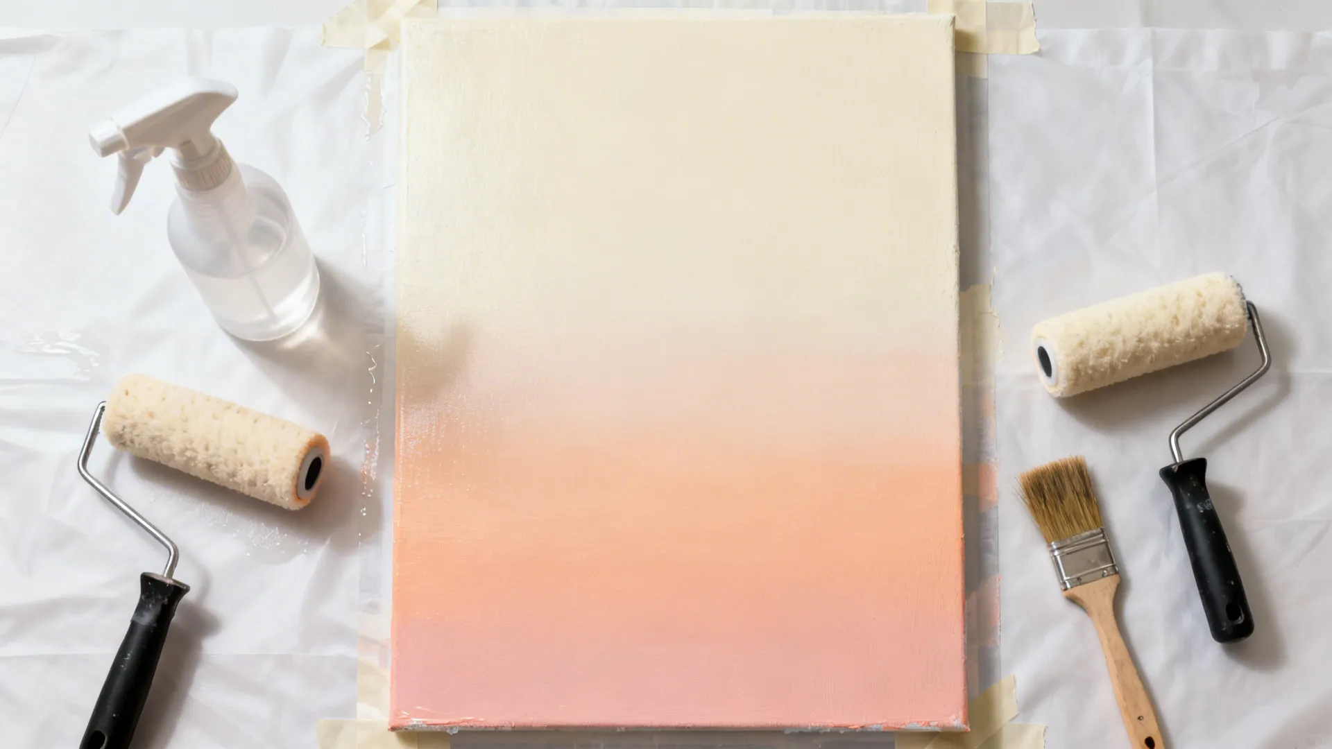 Top-down view of tools and a wall panel showing a blush-to-vanilla vertical gradient blending process.