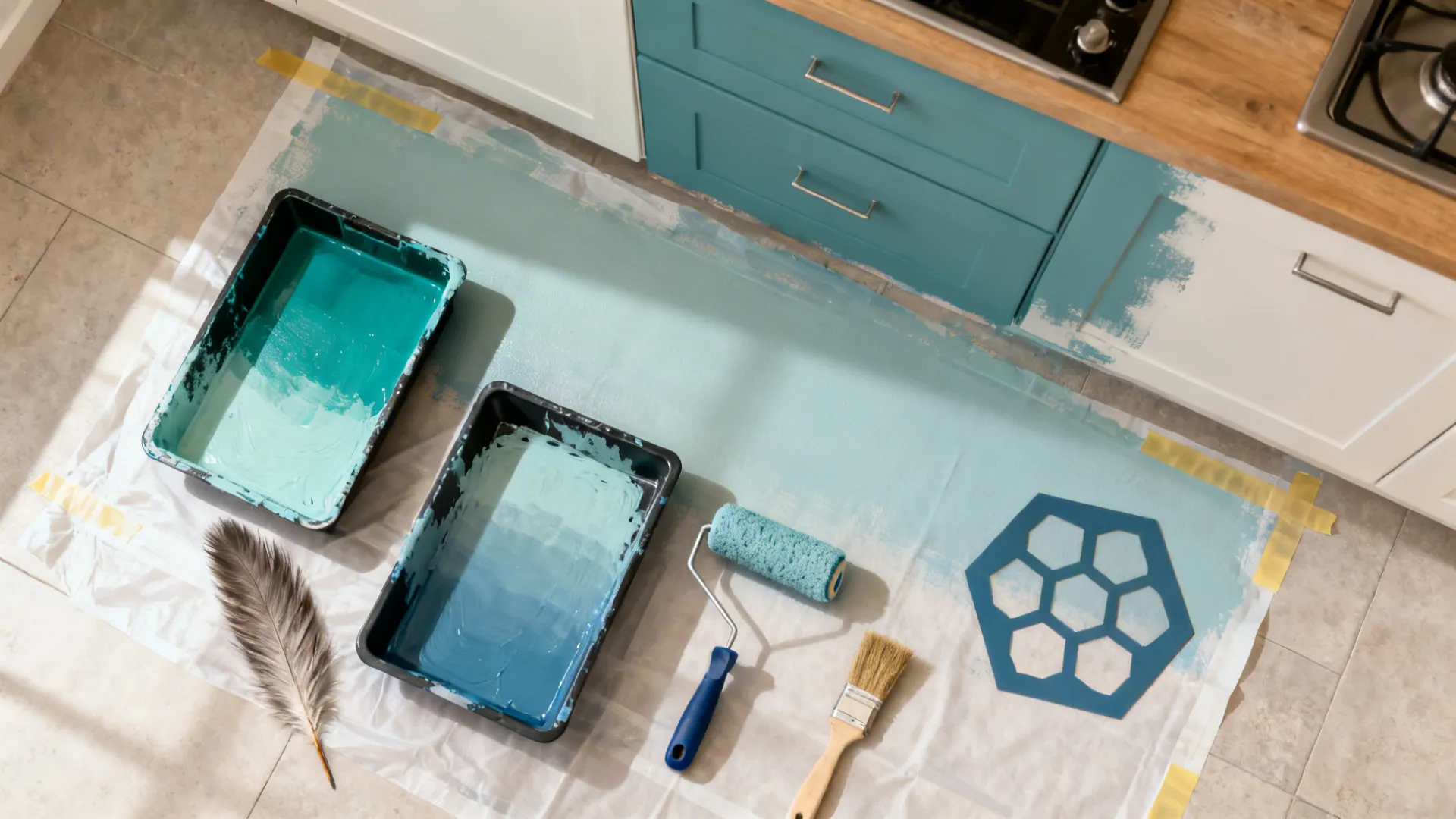 Top-down view of rollers, trays, dry brush, and hex stencil arranged for an ombre wall workflow.