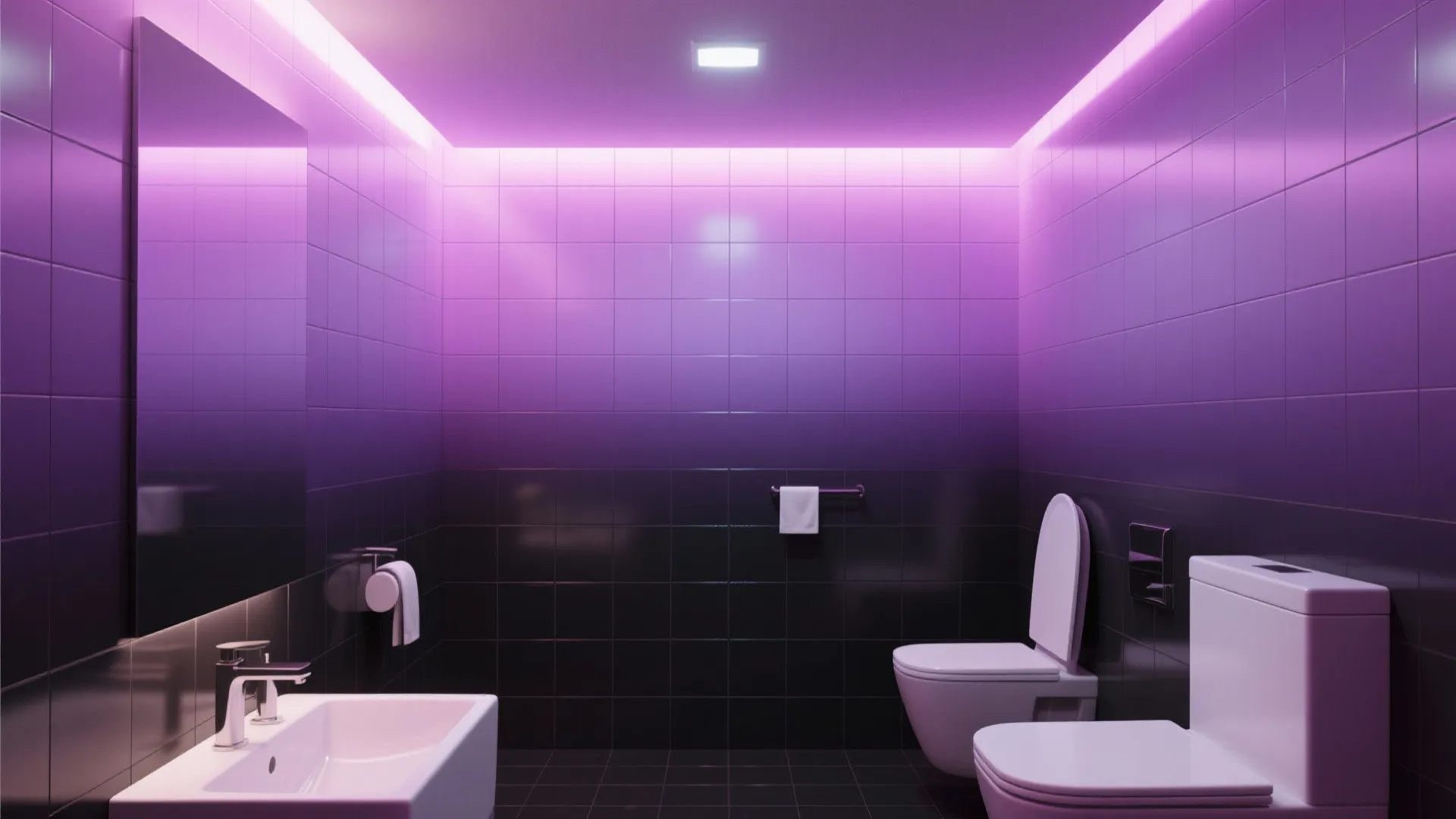 Modern bathroom with purple and black wall tiles including a white toilet bidet and sink