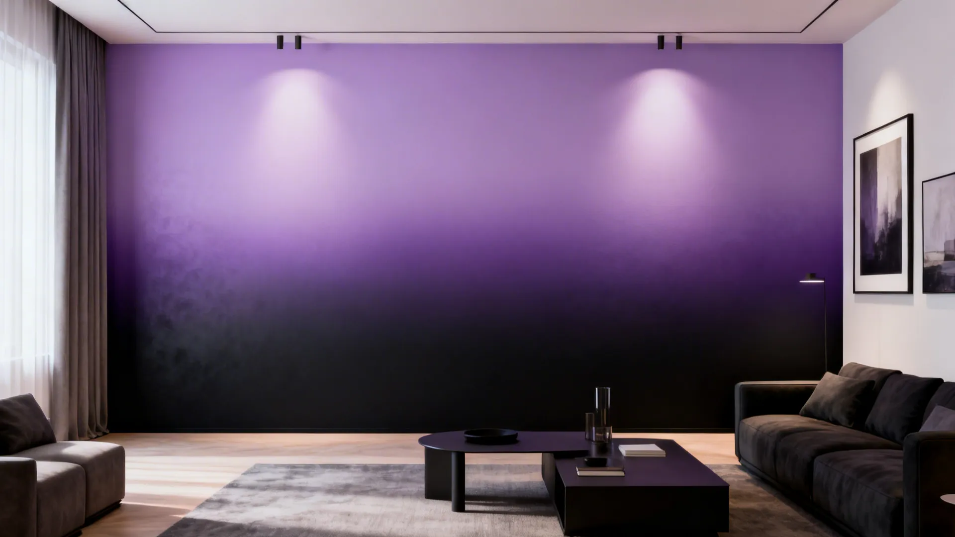 Living room featuring a purple and black wall with spotlights sofa and a coffee table