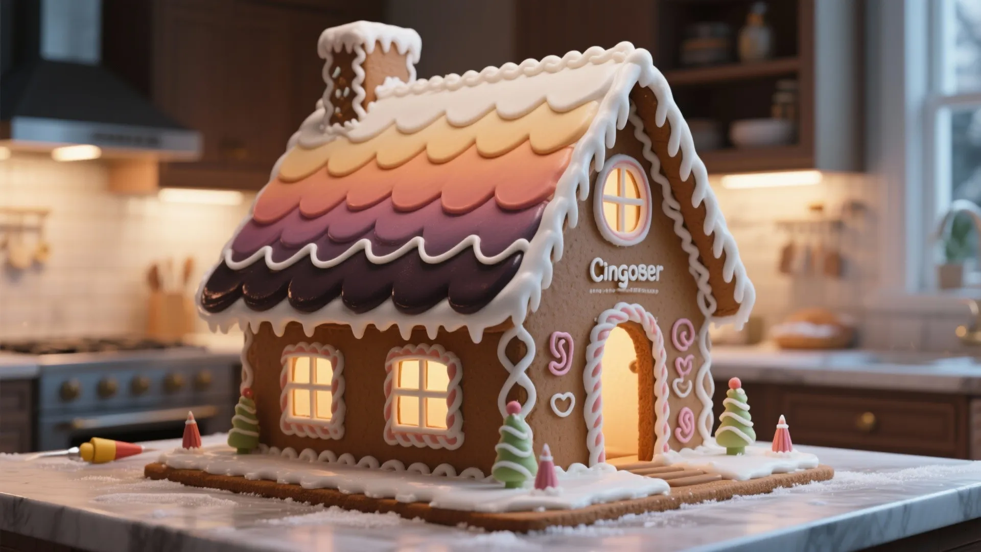 Gingerbread house with colorful roof sitting on a white marble kitchen counter with warm lighting
