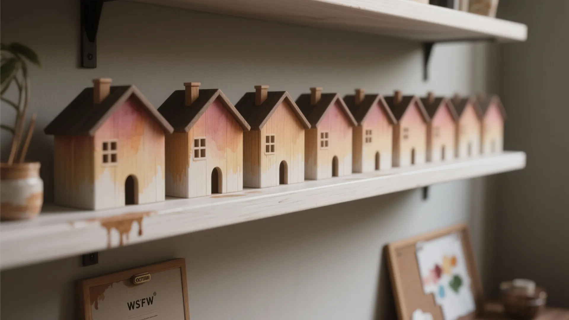 Row of small wooden house models with sunset colors displayed on a white wall shelf