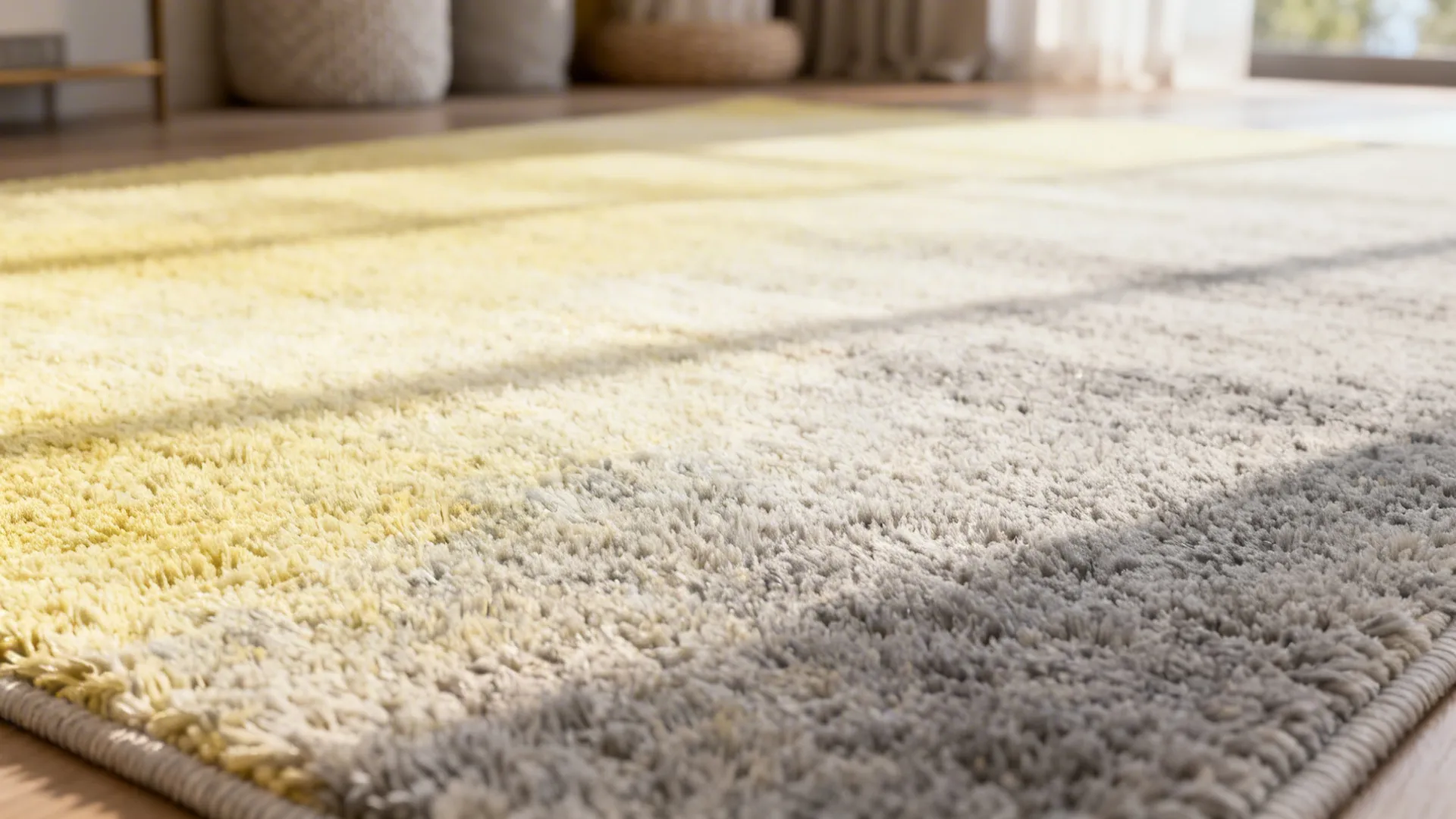 Close-up of a pale yellow to dove gray ombré rug showing soft gradient and fiber texture